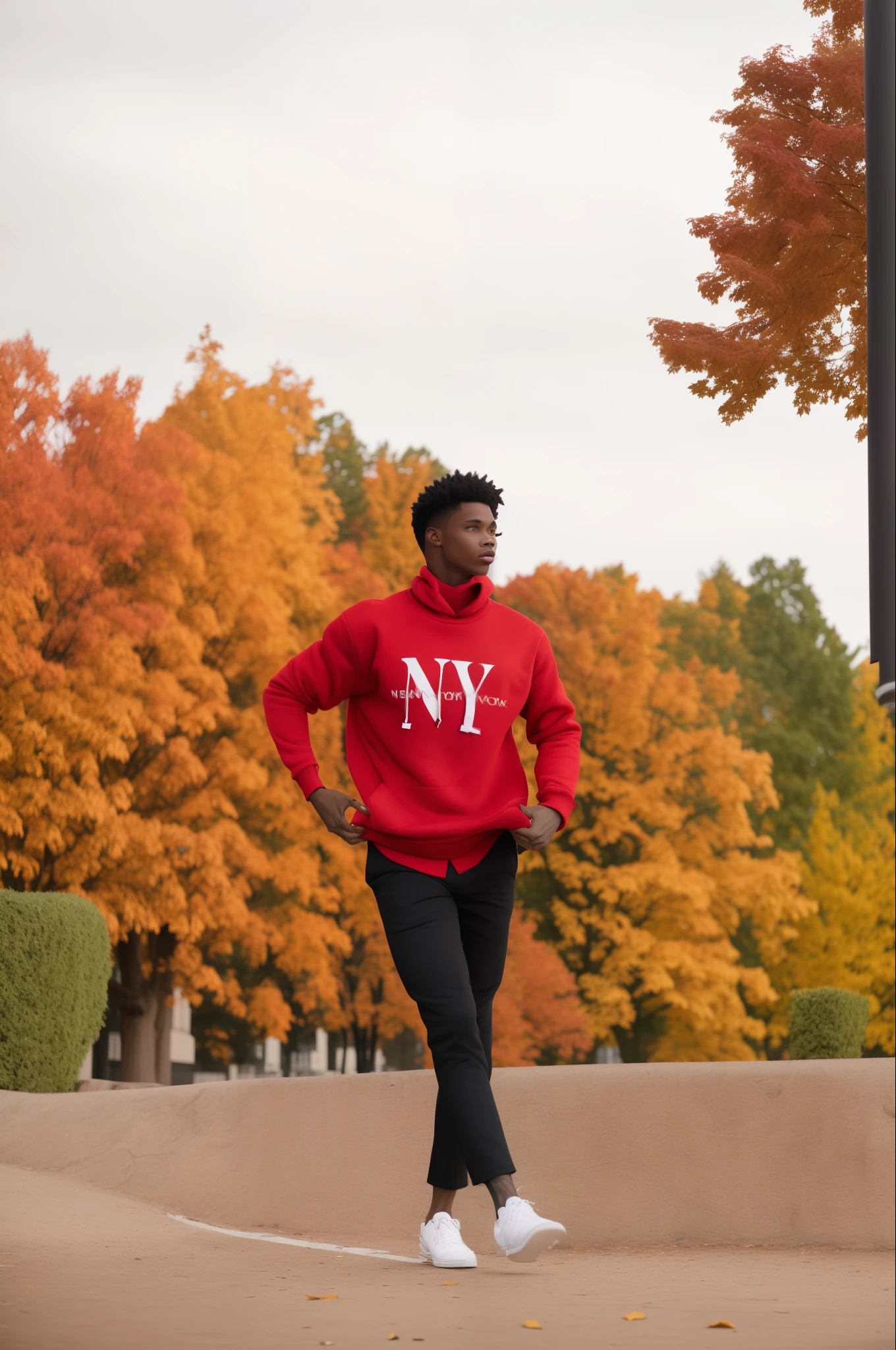 there is a man in a red sweatshirt and black pants playing frisbee, mid shot portrait, ny, nyc, full body photogenic shot, smooth in _ the background, riyahd cassiem, nostalgic 8k, in a city park, photo in style of tyler mitchell, wearing a scarlet hoodie, portrait shot, red hoodie, wearing a red turtleneck sweater