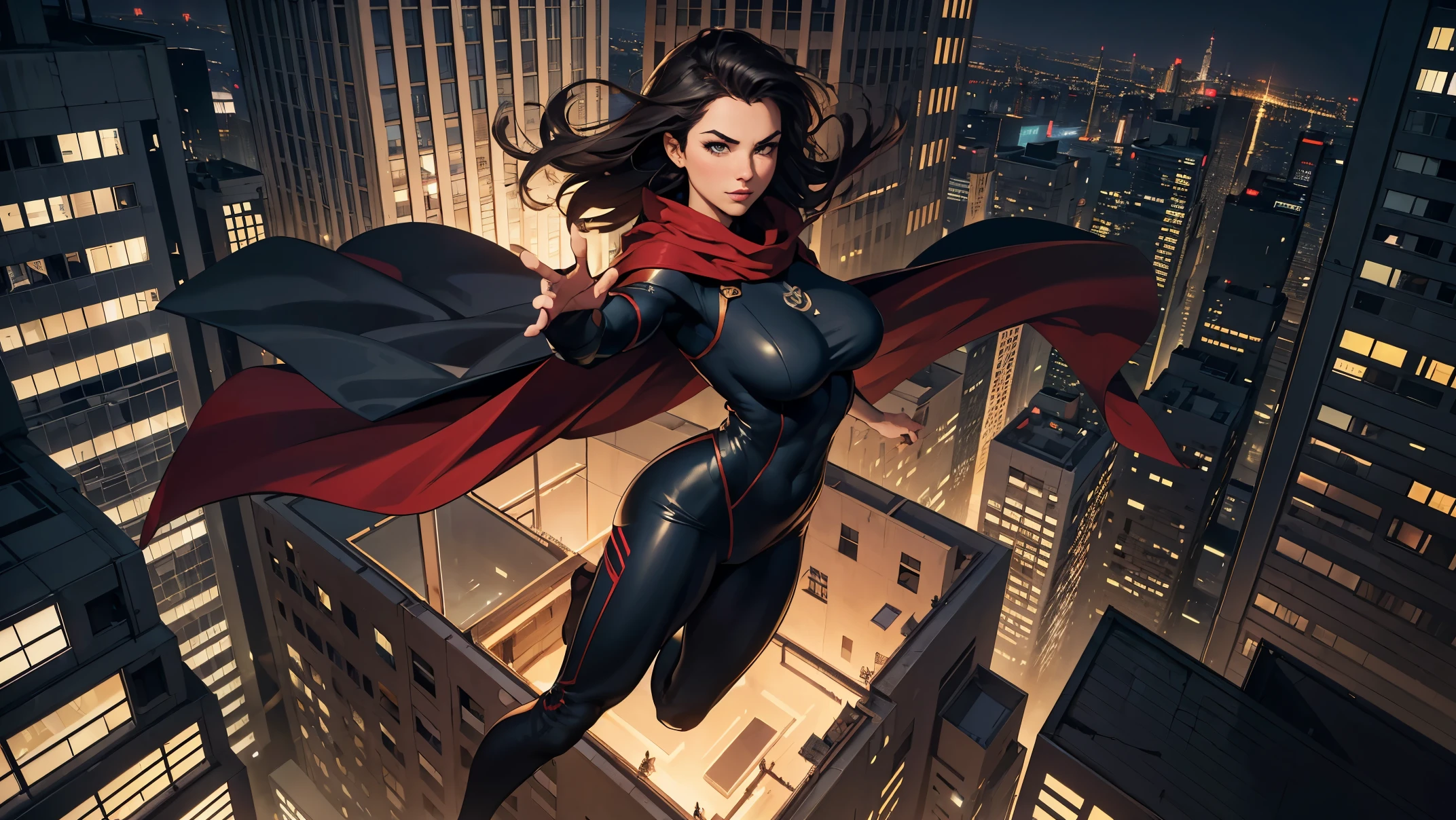 ((masterpiece,highest quality,8K,Super detailed,high resolution,High resolution)),(1 girl),(Heroine wearing American comic style high leg bodysuit:1.3),(wearing a cloak:1.3),whole body, floating softly in the air, (floating higher than the building:1.5),(From above),(The background is a city of skyscrapers at night seen from above.:1.5),looking at me,(big breasts:1.1),Thick thighs 1.1),(muscular:1.1),(Flying Pose:1.5),(Detailed face drawing:1.2),(detailed hand drawing:1.2)
