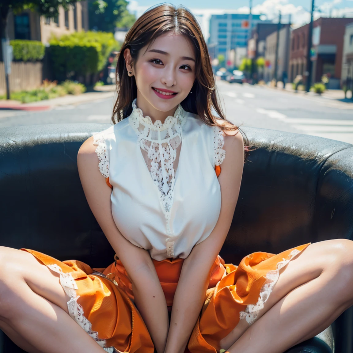 a woman posing on the Street style corner with light orange dress on, best quality, High resolution, 8K, 1 girl, (huge breasts), Day, Bright, outdoors, (Street style:0.8), (people々, people混み:1), (dress trimmed with lace:1.5, light orange clothes:1.5, orange high neck dress:1.5, sleeveless dress, orange dress: 1.5), gorgeousl, (medium hair), beautiful detailed sky, beautiful earrings, (dynamic pose:0.8), (upper body whole body:1.2), soft lighting, wind, shiny skin, looking at the viewer,Super detailed, fine detail, perfect dynamic composition, beautiful detailed eyes, (wear high heels), (wear stockings),((do it yourself skirt lift))), (lift it yourself), (show me your genitalsいる), (((not wearing panties))),pupil focus,((sit,spread your legs)), (((taking off panties))),show me your genitals、open your eyes、look at viewer、(((smile:1.3)))、Provocation by spreading legs and exposing female genitals, ((sit,spread your legs、spread your legs wide、spread your legs wide、Spread your genitals with your hands、I'll teach you how to masturbate.、Spread your legs and show off your genitals.,(face of sexual pleasure:1.2),(A face that feels like an orgasm:1.2),(face of sexual climax:1.3),((A large amount of bodily fluid flows out from the female genital hole..:1.2)),(((A large amount of cloudy body fluid flowing out from the female genitals accumulates on the seat surface..:1.0))),(((Low - Angle:0.7))),(((Full body photo from head to toe))),