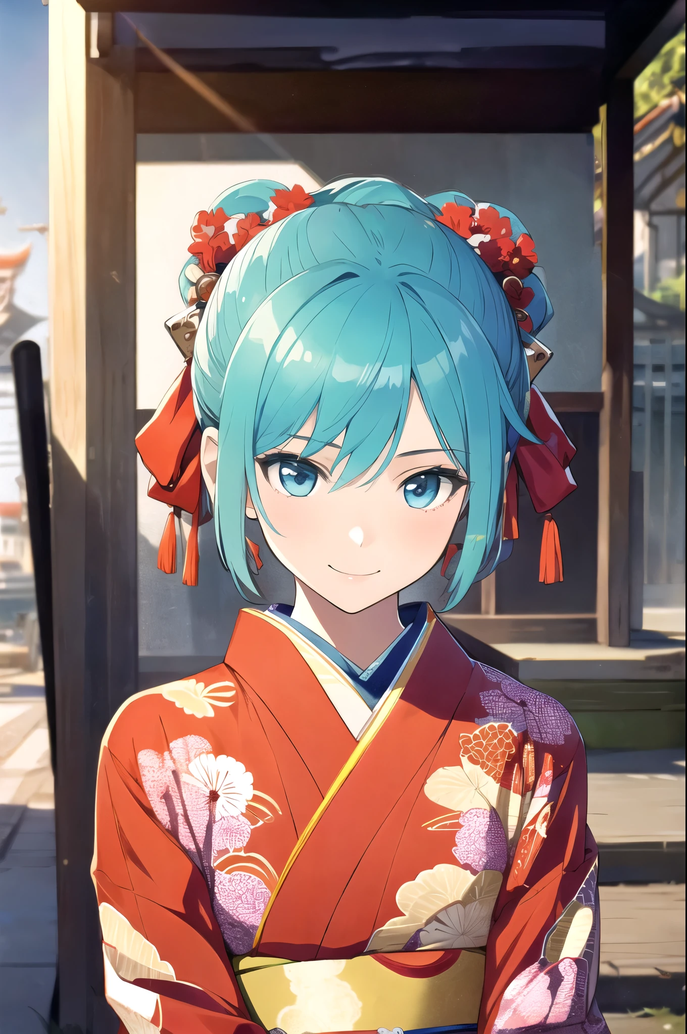 (masterpiece, best quality), dynamic angle, (One girl), amazing, Fine details, Official art, the Extremely Detailed CG Unity 8K Wallpapers, perfect human body, perfect woman body, (beautiful anime faces:0.8), (one girl), (Slender body), (Captivating and realistic anime women), Beautiful style, beautiful alluring anime woman, smile, Masterpiece Portrait, Glowing blue eyes, (miku hatsune:1.2), (kimono), winter, With a shrine in the background, sash, obi,