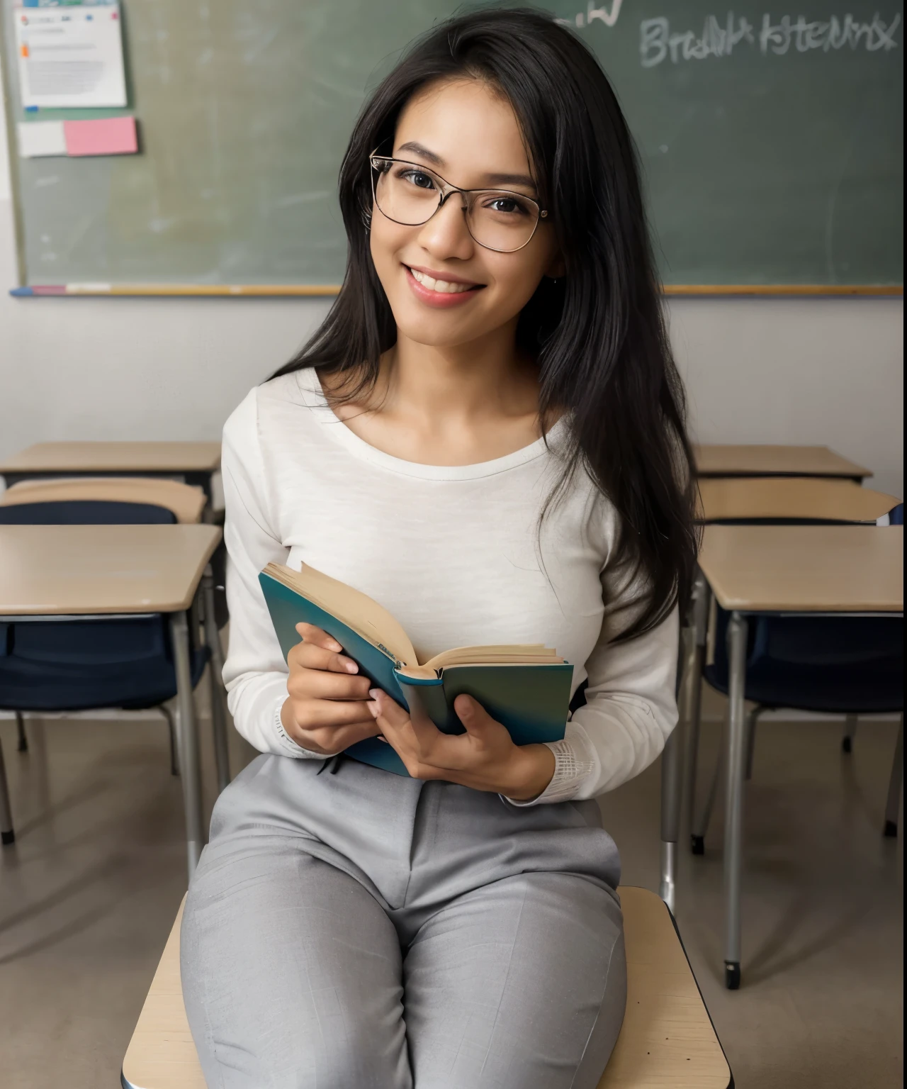 (best quality,8k,highres,masterpiece:1.2),ultra-detailed,realistic, HDR, studio lighting, vivid colors, bokeh, 1 Timor black hair beauty angelar:1.2, light skin, filipino, 35-year old, middle school teacher, wearing a very conservative clothes, long-sleeve top and long pants, wearing glasses, messy hair, mouth open with a smile, glance to viewer, ((head tilt left)), realistic skin imperfections, severe and smart expression, holding a book in hand, sitting in a classroom, blackboard and desk in the background, medium shot, from above, realistic hair texture