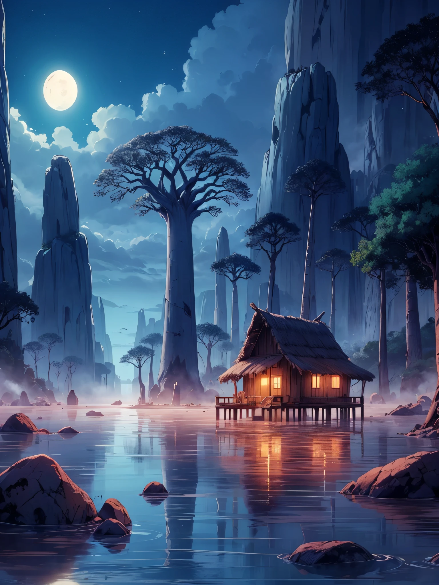 Draw an anime simple art scene of lonely hut in the middle shallow water lake surrounded by giant granite cliffs on both sides with baobab trees coming out, foggy, dramatic scene, half moon, late evening, no human, vibrant color tones, dim light, lantern hanging outside