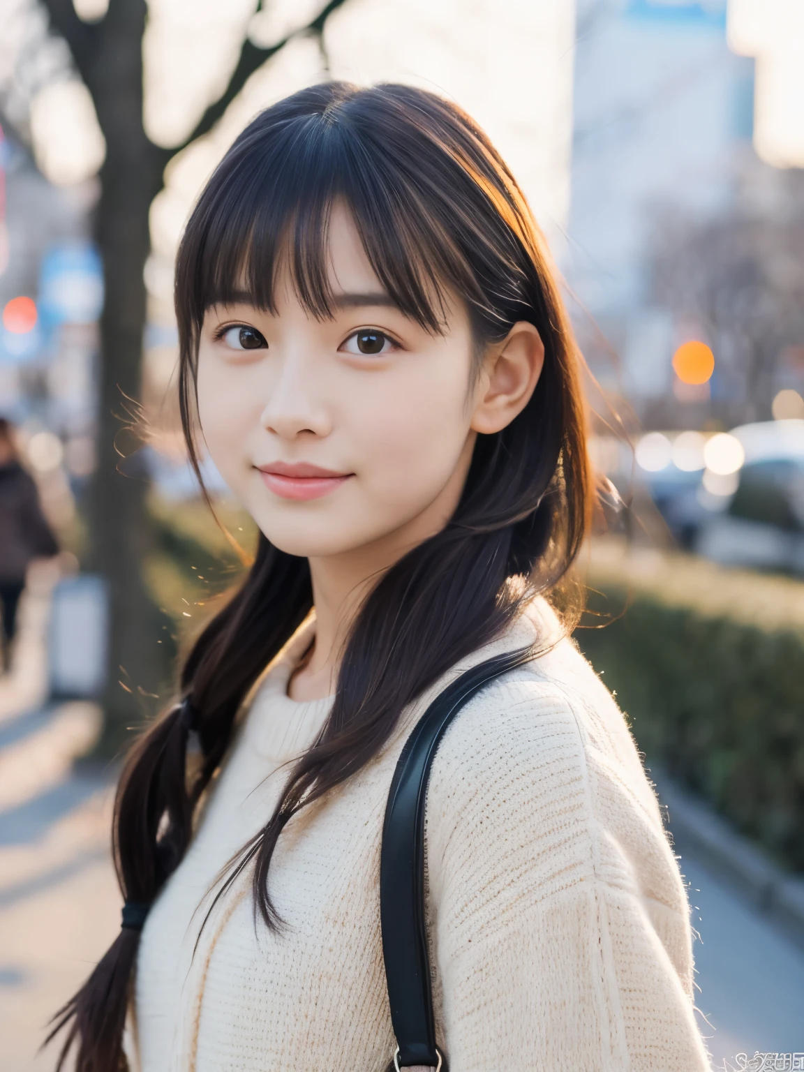 photorealistic, 8k full-length portraits, Beautiful woman, A charming expression, poneyTail, Clear system,  16 years old, Tokyo, Winters, Shibuya in the background