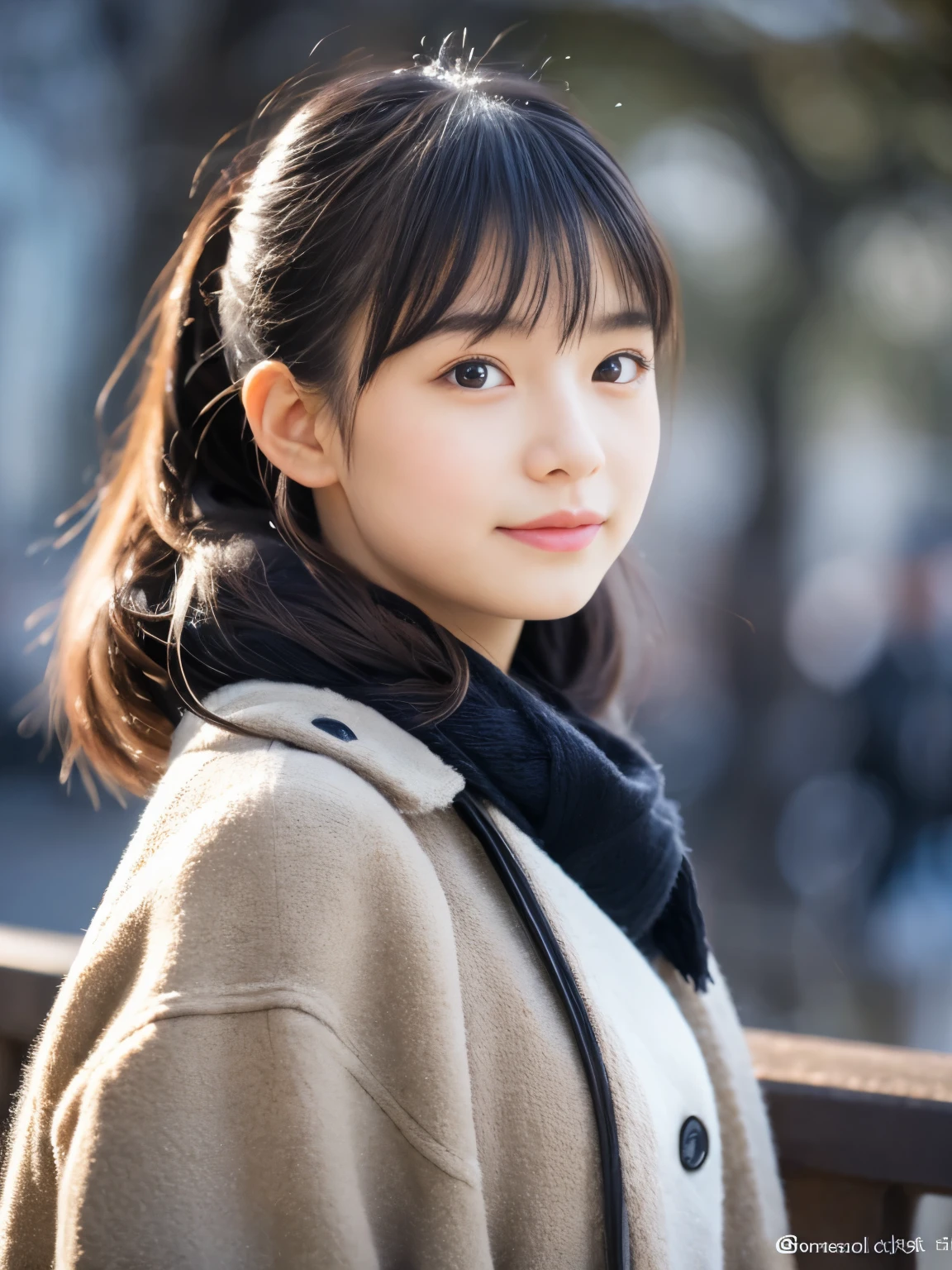 photorealistic, 8k full-length portraits, Beautiful woman, A charming expression, poneyTail, Clear system, 16 years old, Tokyo, Winters, Shibuya in the background