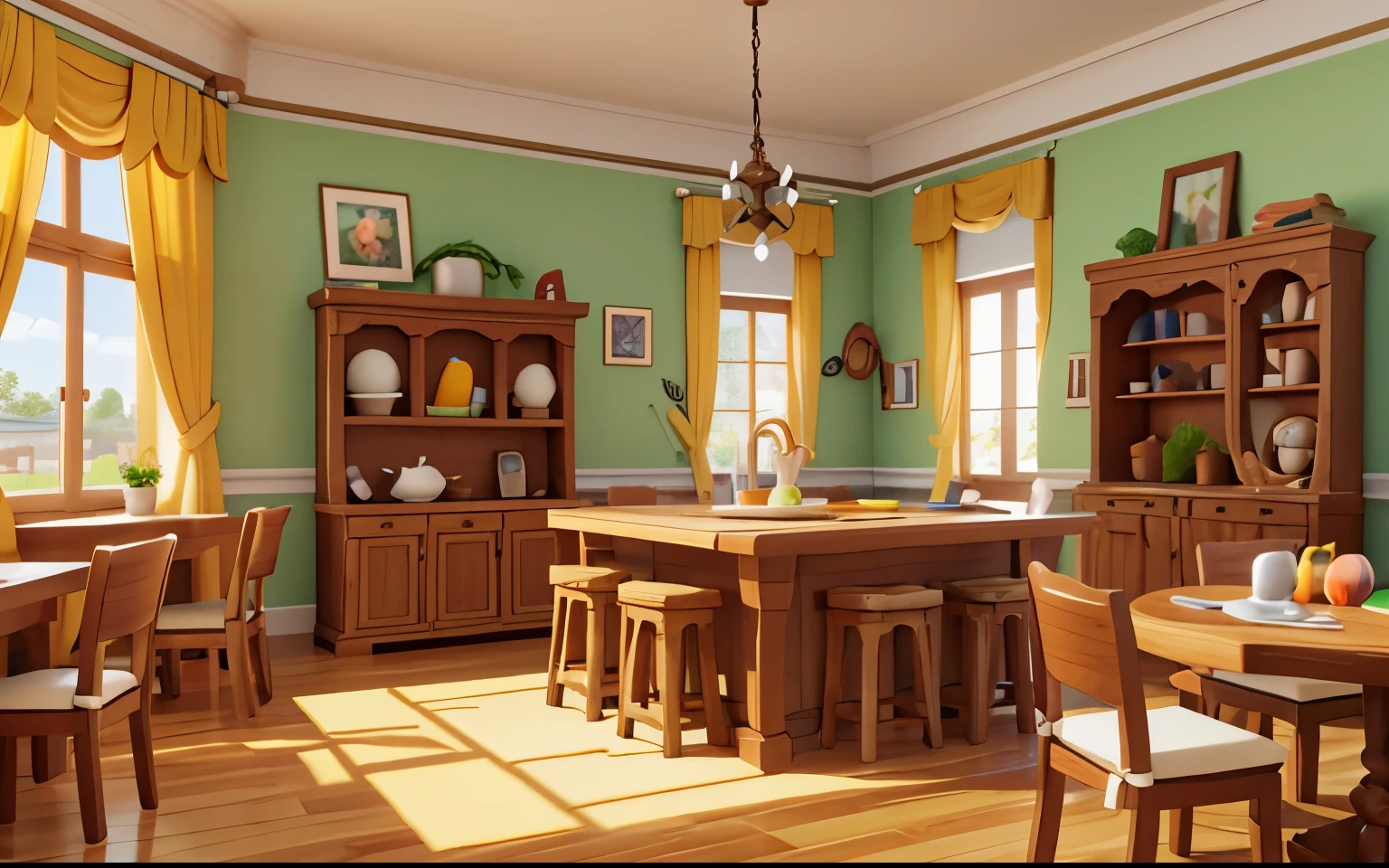 3D model,architecture de jeu,cartoon style, polygone, conception architecturale du jeu, fantaisie, beau restaurant, tableau, repas, fournitures de cuisine, pierre, brique, herbe, river, fleur, arbre, casual play style, creative, best detail, cartoon style, 3D, mixeur, chef-d&#39;artwork, Best quality, cartoon rendering, 8k
