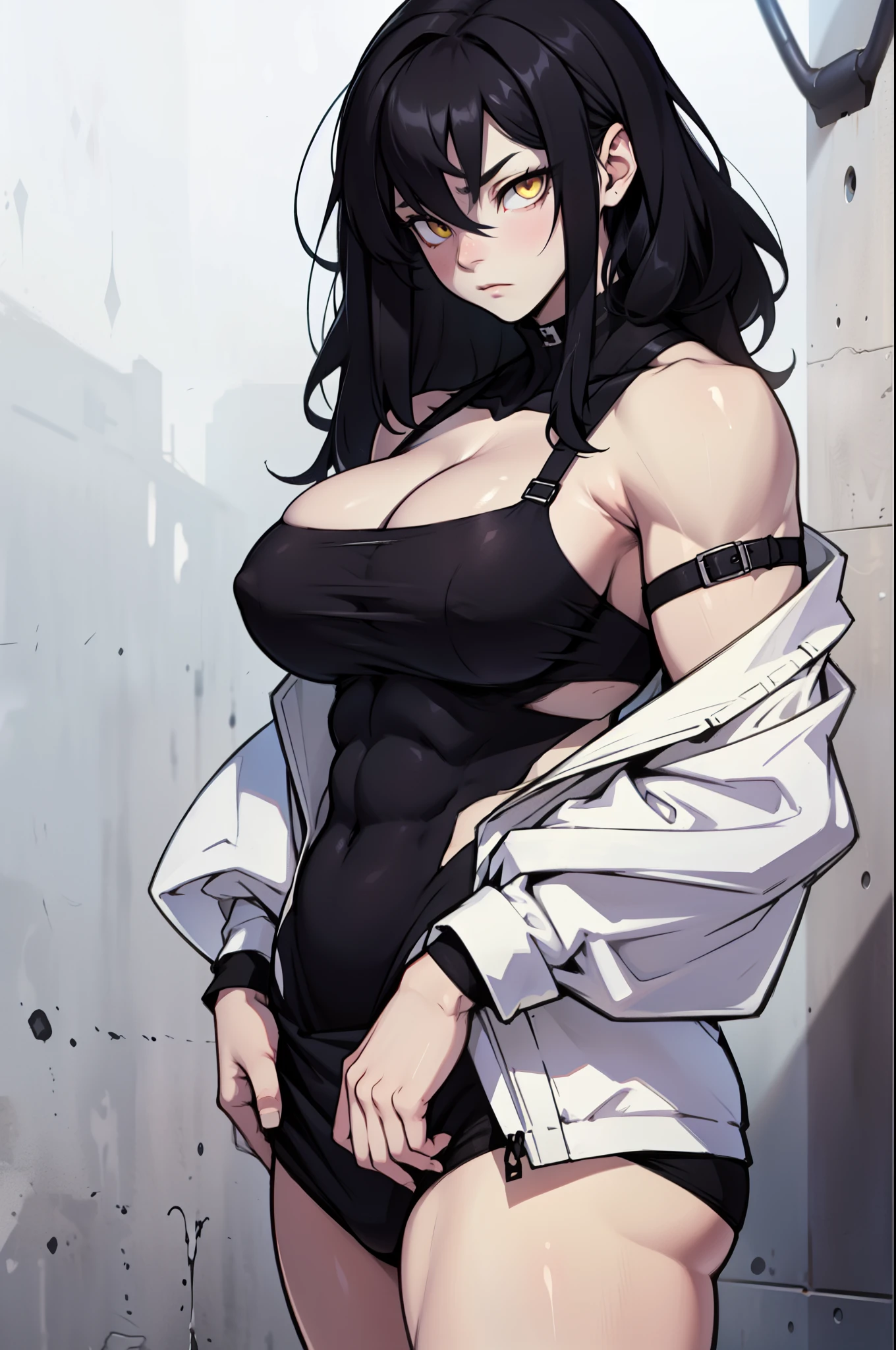 (1 girl muscular) black hair yellow eyes huge breasts pale skin expressionless expressionless