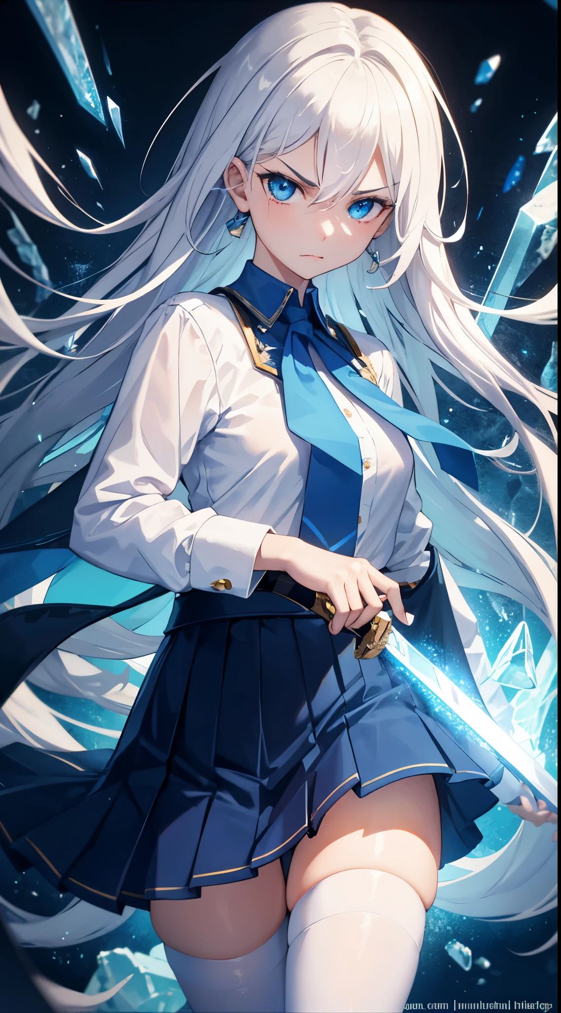 best quality, wallpaper, 1girl, white hair, very long hair, blue eyes, angry expression, long eyelash, finely detailed beautiful eyes:1.6, highly detailed eyes:1.6, sharp face, finely detailed beautiful face, blue shirt, dark blue skirt, white stockings, swordsman, silver sword, ice, ice particles, blood, cinematic lights, dynamic angle,