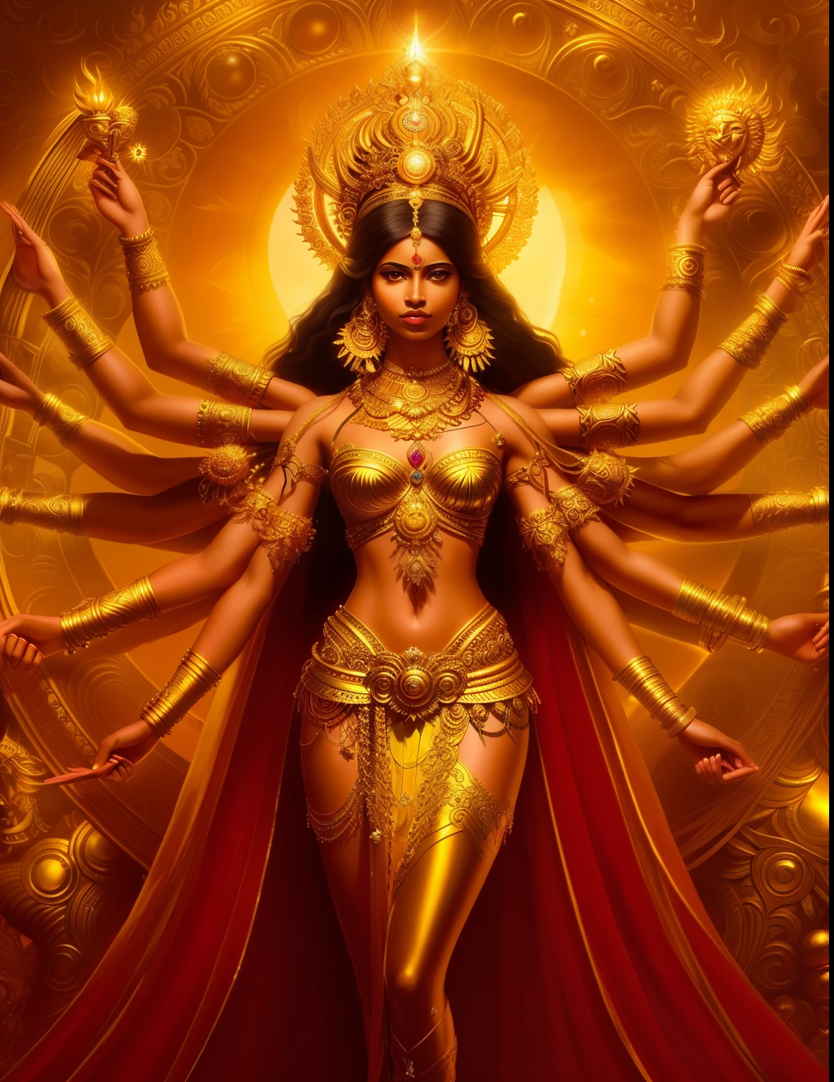 a woman with many arms and hands in the air, surrounded by gold, goddess. extremely high detail, dark goddess with six arms, extremely detailed goddess shot, as the goddess of the sun, goddess art, indian goddess of wealth, gorgeous goddess of leo, a stunning portrait of a goddess, divine goddess, indian goddess, goddess queen, dark skin female goddess of love