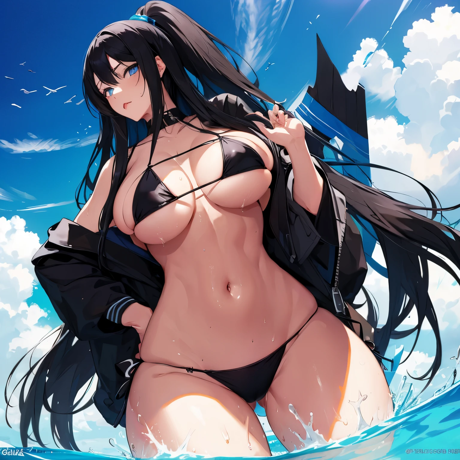 A character in a bikini with black hair and blue eyes with a big body