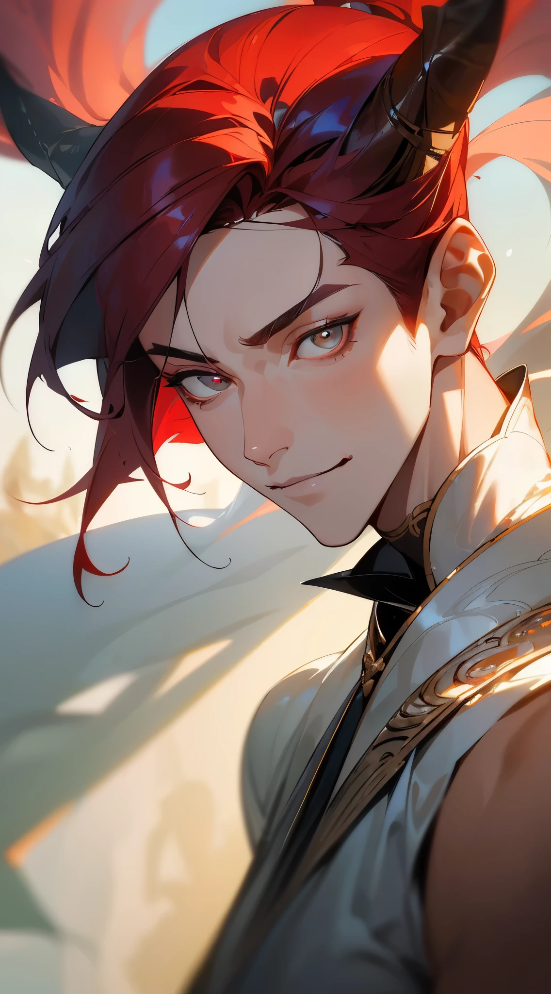 (Best quality,4k,8 thousand.,A high resolution,masterpiece:1.2),adult,androgynous,man with horns,Beautiful face,handsome man,pearl skin,20-year-old man,portrait,photorealistic,masculine traits,Sharp Focus,studio lighting,wisdom,strength,nature,confidence,expression,Age,experience,sophistication,outstanding,male charm,wisdom in the eyes,lines of wisdom,silver fox behavior,dignified presence,dimensions,texture,small parts,dark red hair,Silver,wrinkles with nature,deep-set eyes,bright colors,dim lighting,delicate color tone,contrasting shadows,reflections in the eyes,expression lines with depth, ssmile, grin, black exquisite clothing.