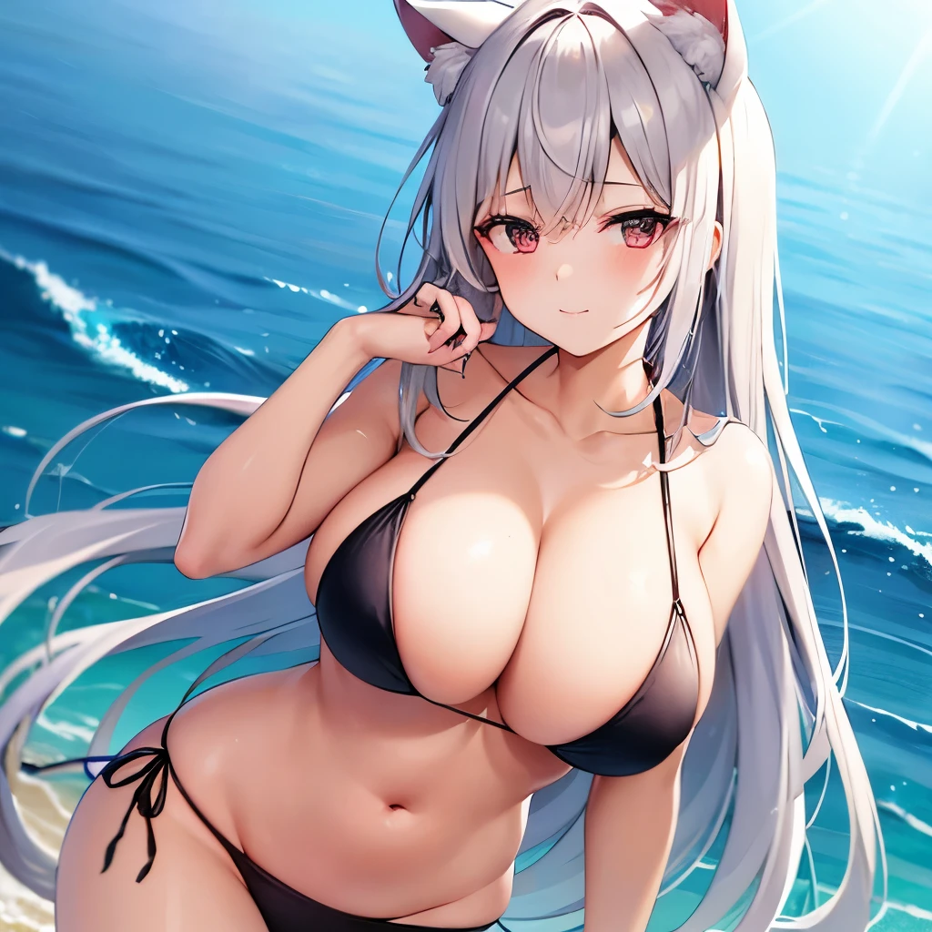 Best Quality High resolution red eyes white hair neat midiam A cute young lady with a soft touch cat ear Date at sea Wonderful bikini competition clothes that are enchanting in the sea Sexy huge breasts