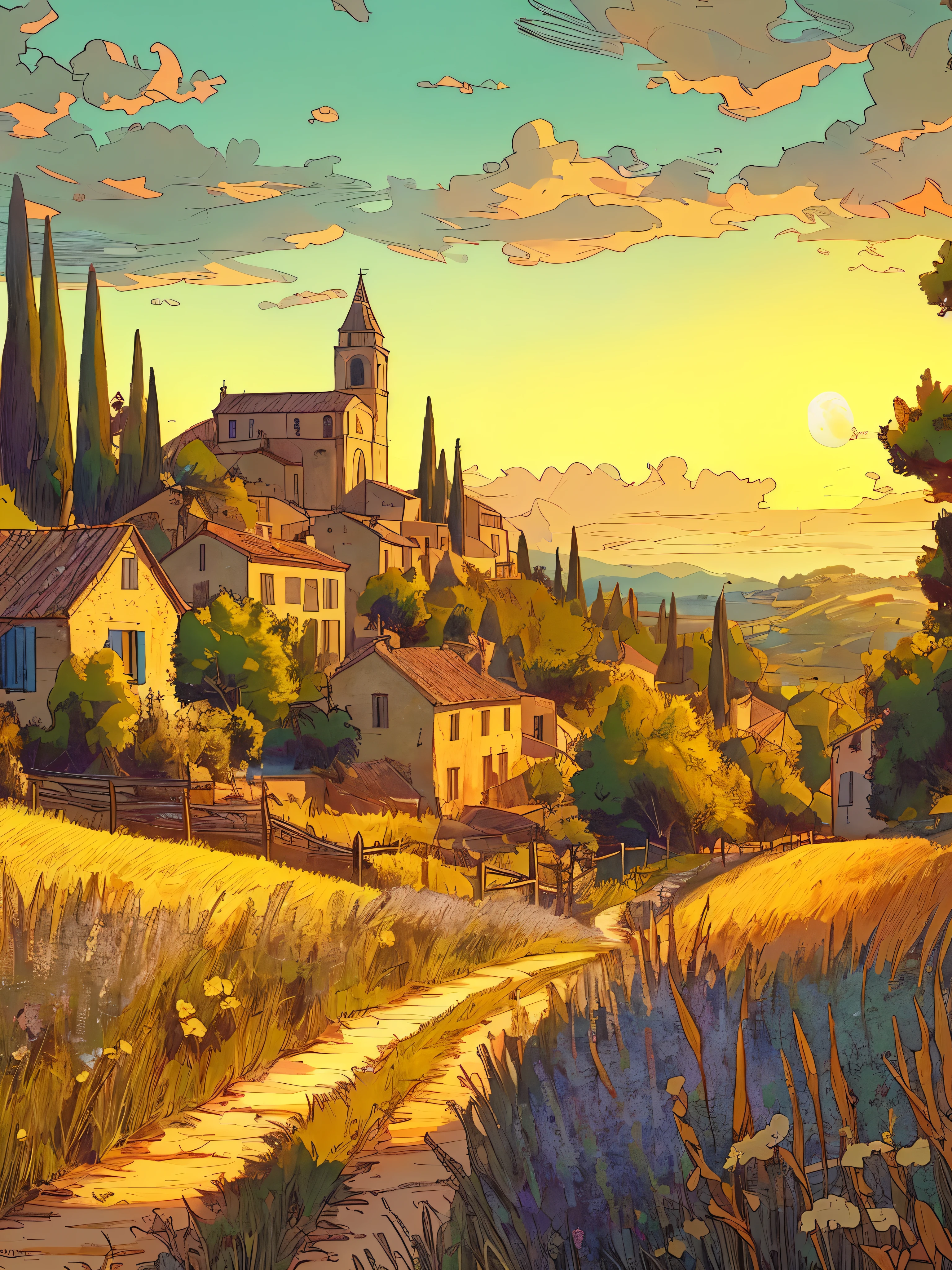 Draw cartoon art scene of Provence France, controlled dim light, beautiful sky, vibrant colors, masterpiece, peaceful scene, no one,