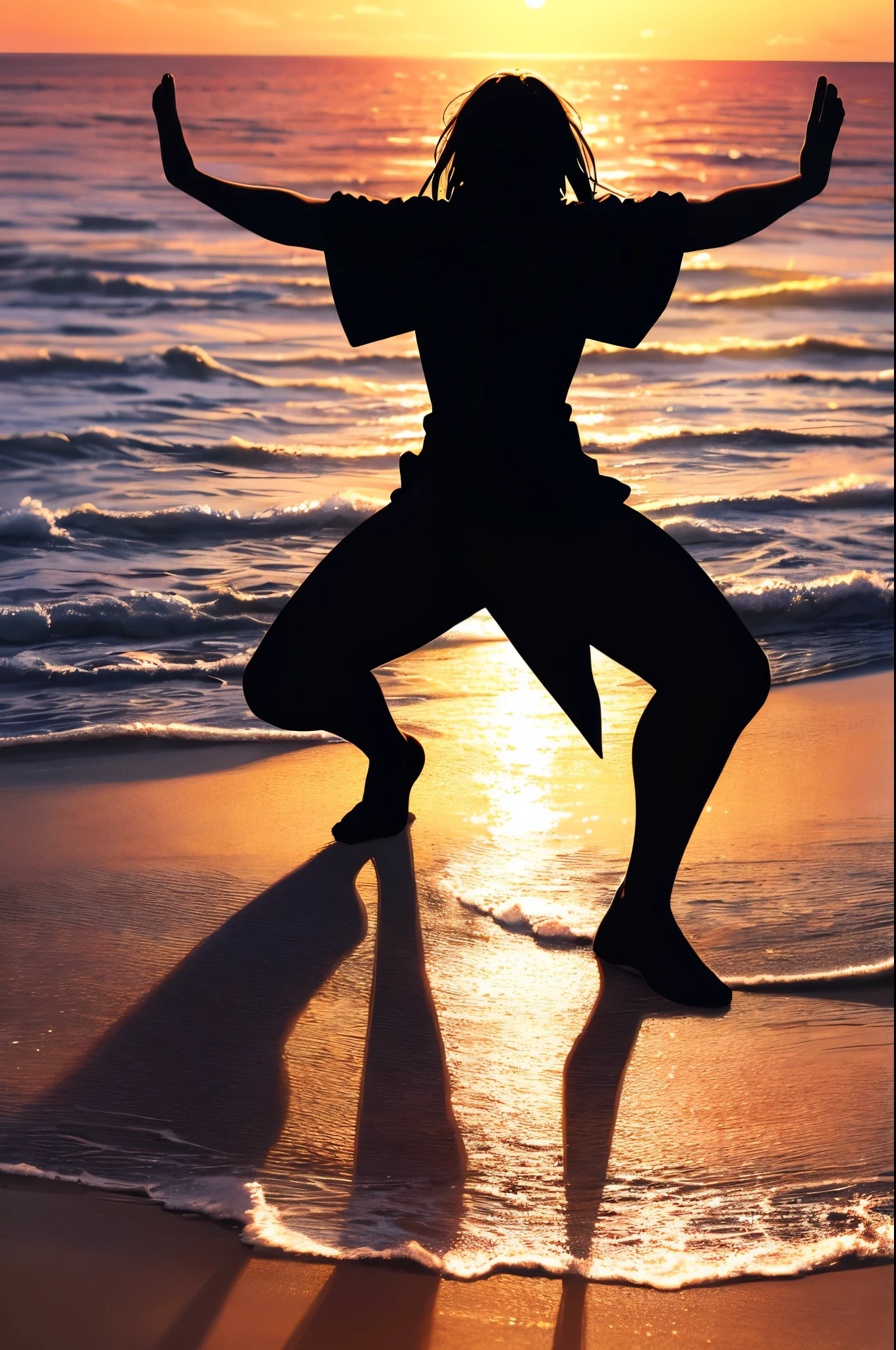 kung fu girl on the beach,silhouette,Backlight,the setting sun, Photorealism, hyper-realistic, orante, Super detailed, Sunset lighting, shadow, high dynamic range,work