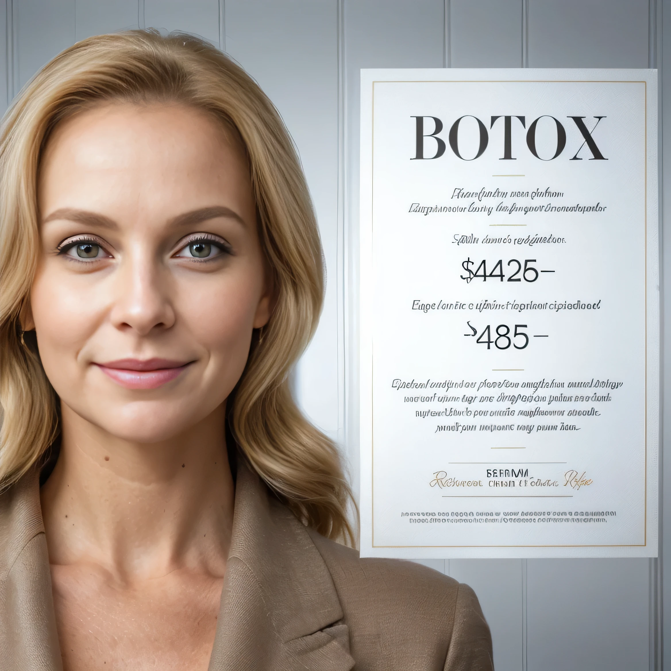 The image features a middle-aged woman positioned on the extreme left, symbolizing the rejuvenating effects of Botox treatment. She has a radiant, youthful complexion and blonde hair styled elegantly. Her facial expression conveys satisfaction and confidence, with smooth, wrinkle-free skin. The woman's attire is modest and professional.