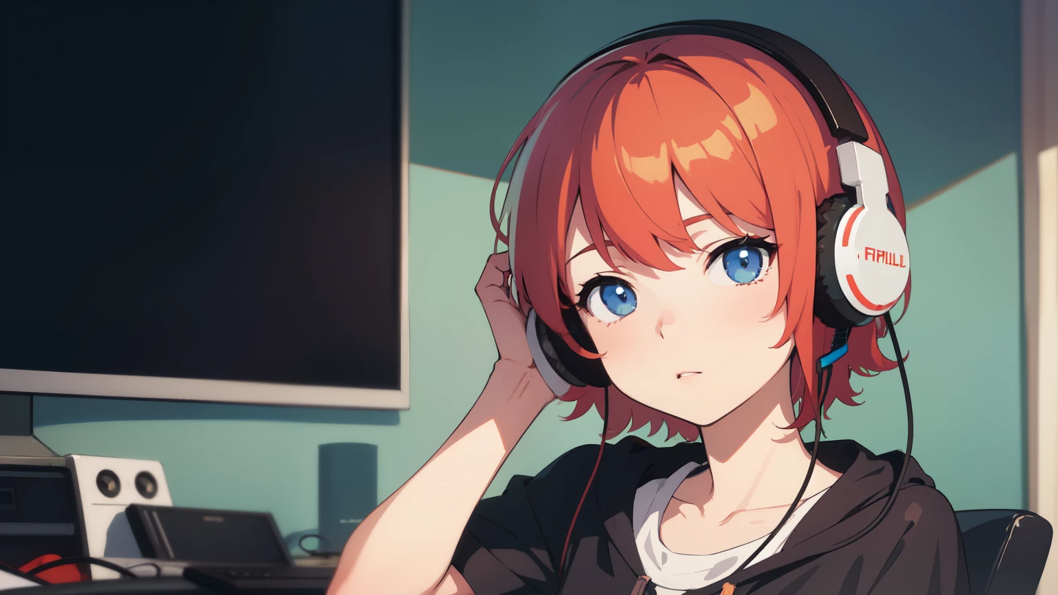 ((best quality)), ((masterpiece)), (detailed), perfect face, there is a woman sitting on the chair with headphones on her head listening to music, photo taken in the bedroom, digital anime illustration, portrait of Lofi , 4k anime style, girl wearing headphones on her head , Praise Artstyle, with headphones on her head, anime style. 8k, wearing headphones on head, anime illustration style, lofi girl, listening to music, headphones on head, high quality portrait, realistic art style, fanart girl, anime portrait style, cozy room, redhead
