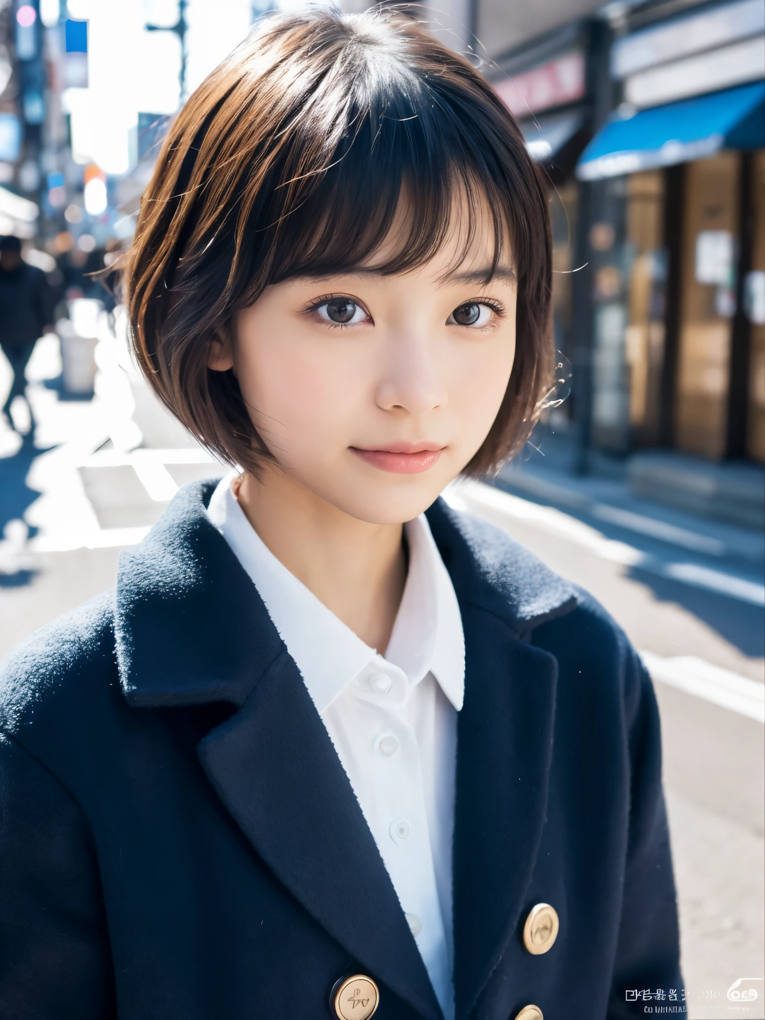 photorealistic, 8K, Full body portrait, Beautiful woman, A charming expression, Clear system, Shorthair, 16 years old, Tokyo, Winters, Shibuya in the background