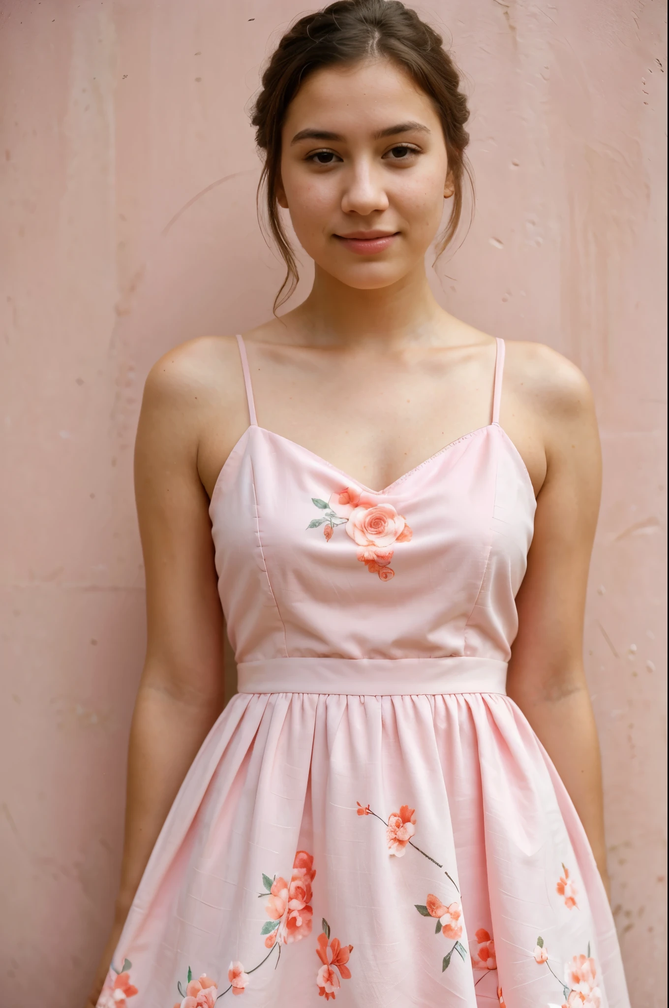 a high resolution close up of a woman in a pink dress standing against a pink wall & posing for a picture, wearing pink floral gown, keep the skin tone naturally textured with acne & pores on skin & realistic & ultra realistic 4k. Capture on Fujifilm X-T3, 1/1250sec at f/2.8, ISO 160, 84mm.