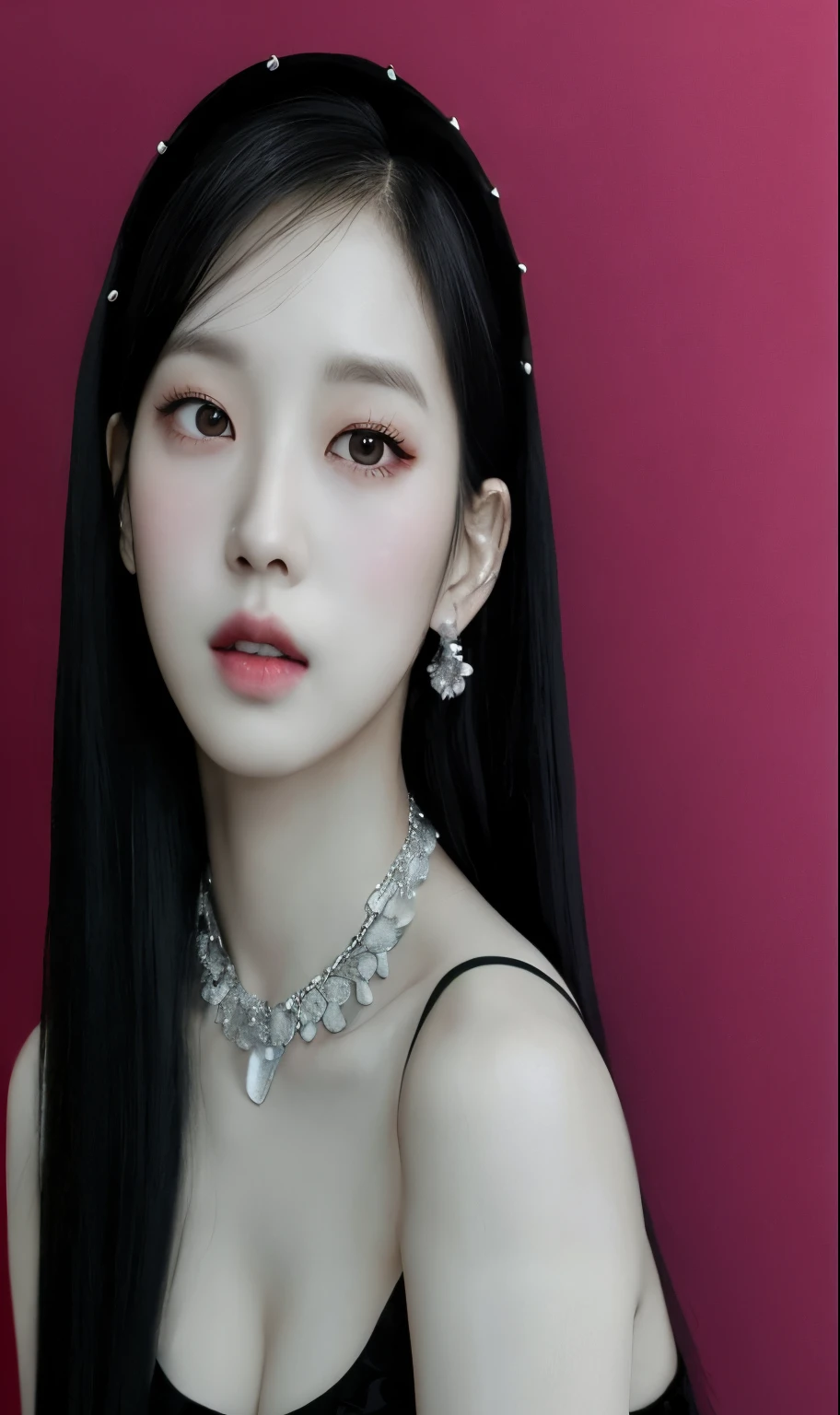 Araffe Asian woman with long black hair wearing a necklace and earrings, ulzzang, kim doyoung, maquillaje popular de corea del sur, pale porcelain white skin, Jinyoung Shin, maquillaje coreano popular, Jaeyeon Nam, cruel korean goth girl, retrato de jossi de blackpink, retrato de jisoo blackpink, jisoo de blackpink, pale korean adorable face, hermosa mujer surcoreana