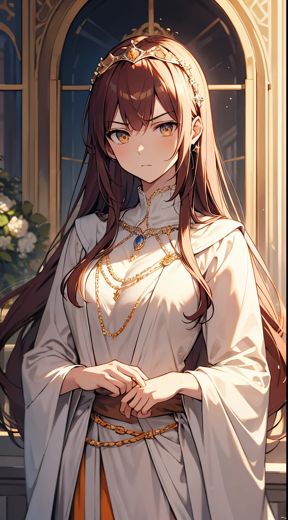 [[[masterpiece:1.2 ultra-detailed, best quality, soft skin, beautiful, 4K, high definition]]] portrait, auburn hair, amber eyes, long hair, slender body, tiara headband, serious expression, elegant, dignified, masterpiece, medieval royal traveling clothes, outside gardens