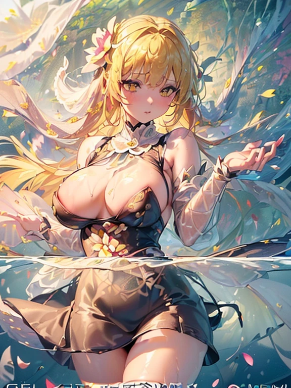 ((top quality)),(ultra high resolution),(Super detailed細),(detailed description),((the most picturesque works of art),super precision art,amazing art of depiction,fantasy art:1.5, ((((beautiful flowers々:1.5))),glamorous body:1.3,fancy background effects、masterpiece、fancy details、(NSFW 1.1), ((1 girl)), ((muste piece)), ((extremely detailed:1.3)), in crystal clear water,izumiに入る美しい女性, ((long yellow hair)), wet hair, Wearing a thin transparent sexy dress, Bathing clothed, (colorful petals floating on water:1.8), early morning light, ivory gold AI, windows, crepuscular lighting, see-through lace underwear、very huge boobs、pink nipples、pink areola,princess carry,lace and string panties.、princess carry,Sexy lingerie with lace and strings,See-through sexy lingerie,Transparent lingerie、sexy sheer lingerie,translucent lace dress、sexy harness、sexy garter belt、sexy stockings、Arranged、intimate, rose garden、colorful roses、バラが浮かぶizumi、lying down、legs open、spread your legs、open thighs、soak in water、wet body、gorgeous flower decoration、big flower、stylish hair、solo, water play, The water, hair flower, flower, sky porn, (((muste piece),(Highly detailed CG Unity 8K wallpaper),best quality,cinematic lighting,detailed background,beautiful detailed eyes,bright pupils, (very delicate and beautiful),(Beautiful and detailed eye description), Super detailed,muste piece,)),((yellow eyes))、sacred place、izumi