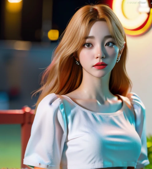 melhor qualidade, obra de arte, ultra high resolution, (fotorrealista:1.4), foto crua, n4n4, olhando para o espectador, camisa, blond and curly hair, fechar-se, jang wonyoung