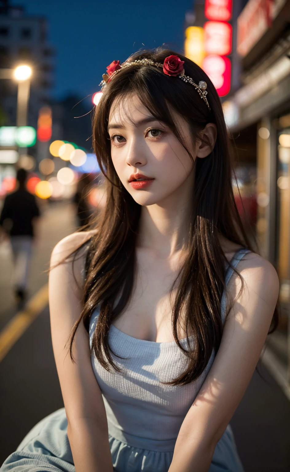 1girl, Tokyo Street, Night, Cityscape, City Lights, Upper Body, Close Up, 8k, RAW Photo, Best Quality, Masterpiece, Realism, Realism, Red Rose Headdress, Split Bangs, Long Hair, Naked, Nudity