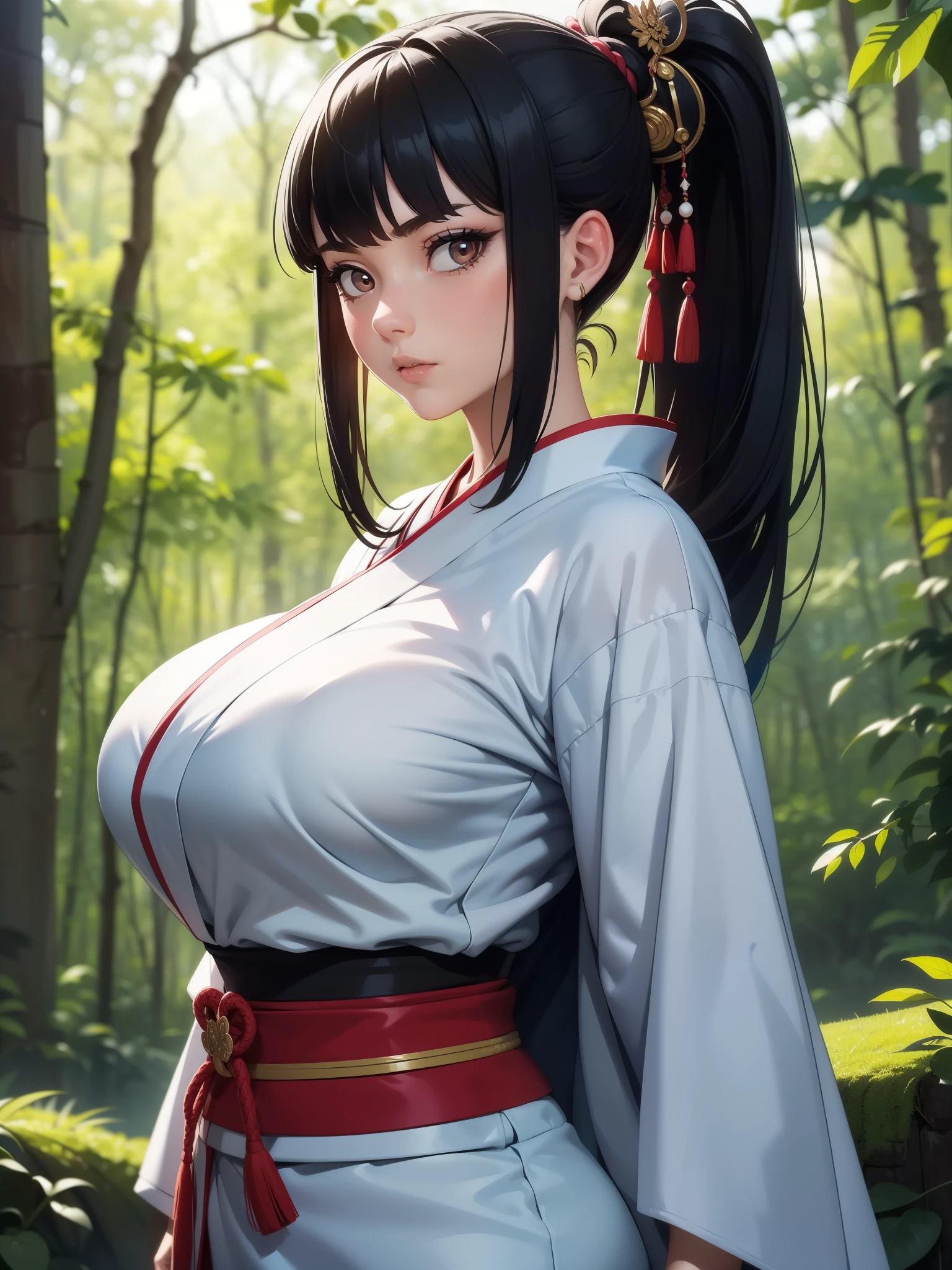 {{{masterpiece}}}, {{{best quality}}}, {{ultra-detailed}}, {cinematic lighting}, {illustration}, {beautifuly detailed eyes}, {1girl}, extremely detailed, 1girl, solo,  A beautiful samurai warrior, blue hair in a long ponytail, wearing white and black kimono, warrior, serious, brown eyes, huge breasts, hourglass figure, facing viewer, outdoors, woodland background, highly detailed face and clothing, slightly narrow eyes, perfect face, fair skin, hair bangs, long hair, cowboy shot, noble beautiful, traditional Japanese clothing, samurai woman