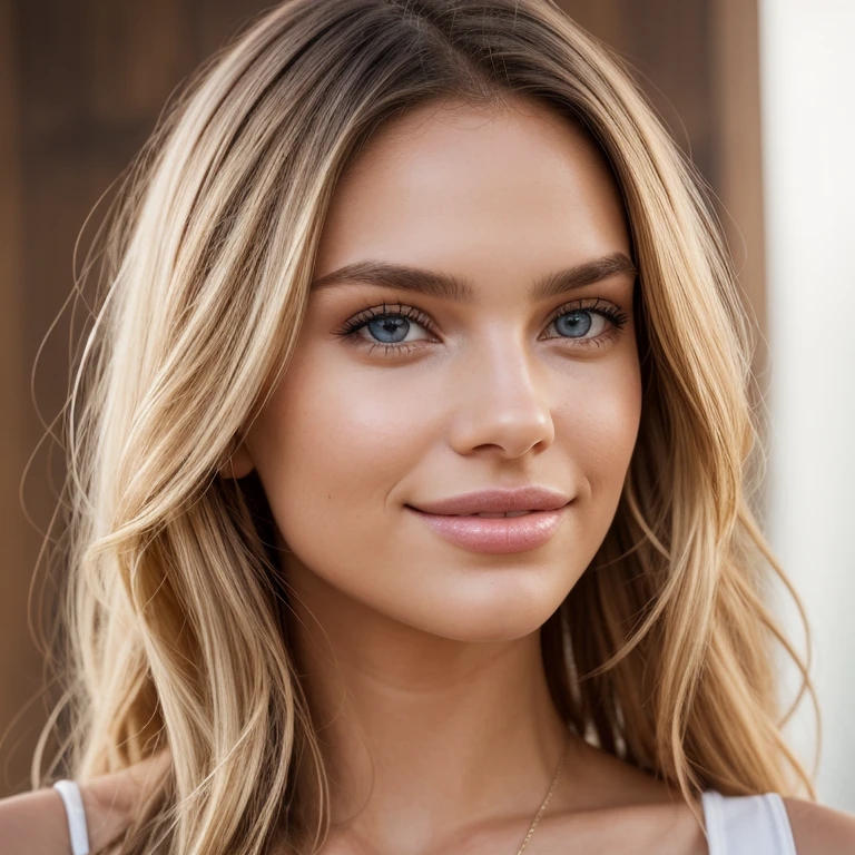 Photo sony a7iii 85 mm 1.4. Portrait of a girl, 26 years old, long hair, blonde. He has expressive blue eyes, beautiful long eyelashes. Sweet smile. Full lips. Very beautiful. Has the facial features of romee strijd and candice swanopoel.