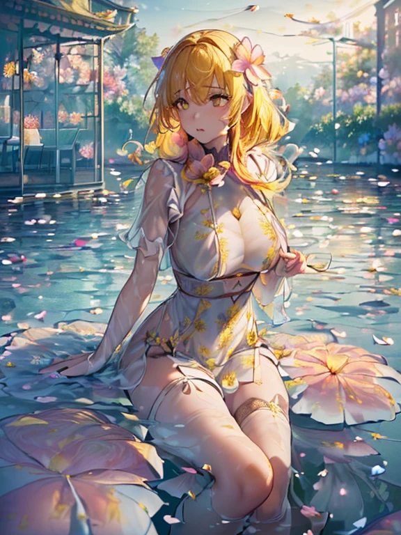 ((top quality)),(ultra high resolution),(Super detailed細),(detailed description),((the most picturesque works of art),super precision art,amazing art of depiction,fantasy art:1.5, ((((beautiful flowers々:1.5))),glamorous body:1.3,fancy background effects、masterpiece、fancy details、(NSFW 1.1), ((1 girl)), ((muste piece)), ((extremely detailed:1.3)), in crystal clear water,izumiに入る美しい女性, ((long yellow hair)), wet hair, Wearing a thin transparent sexy dress, Bathing clothed, (colorful petals floating on water:1.8), early morning light, ivory gold AI, windows, crepuscular lighting, see-through lace underwear、very huge boobs、pink nipples、pink areola,princess carry,lace and string panties.、princess carry,Sexy lingerie with lace and strings,See-through sexy lingerie,transparent lingerie、sexy sheer lingerie,translucent lace dress、sexy harness、sexy garter belt、sexy stockings、Arranged、intimate, rose garden、colorful roses、バラが浮かぶizumi、lying down、legs open、spread your legs、open thighs、soak in water、wet body、gorgeous flower decoration、big flower、stylish hair、solo, water play, The water, hair flower, flower, sky porn, (((muste piece),(Highly detailed CG Unity 8K wallpaper),best quality,cinematic lighting,detailed background,beautiful detailed eyes,bright pupils, (very delicate and beautiful),(Beautiful and detailed eye description), Super detailed,muste piece,)),((yellow eyes))、sacred place、izumi