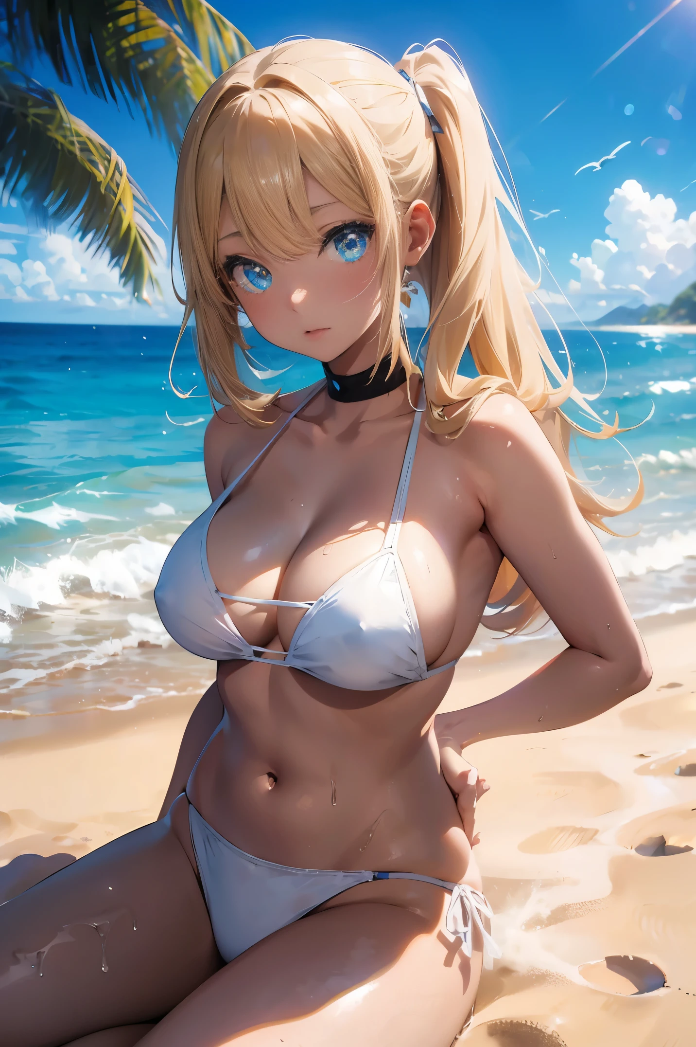 anime character, girl, 18 years old, gyaru, black skin, blonde hair, blue eyes, white bikini, on beach, 4k