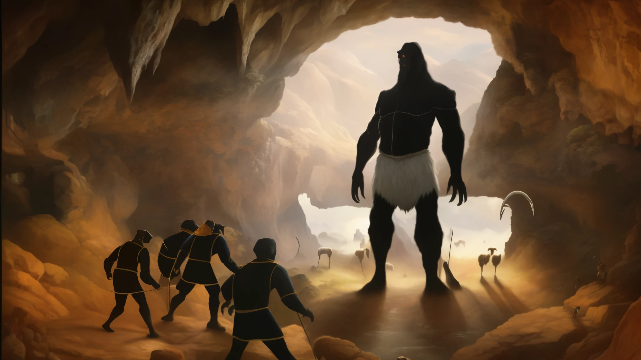 there is a painting of a giant in a cave with 2 sheep behind, large titan creature in the center, pintura de um gigante e ao lado 4 homens olhando para elel