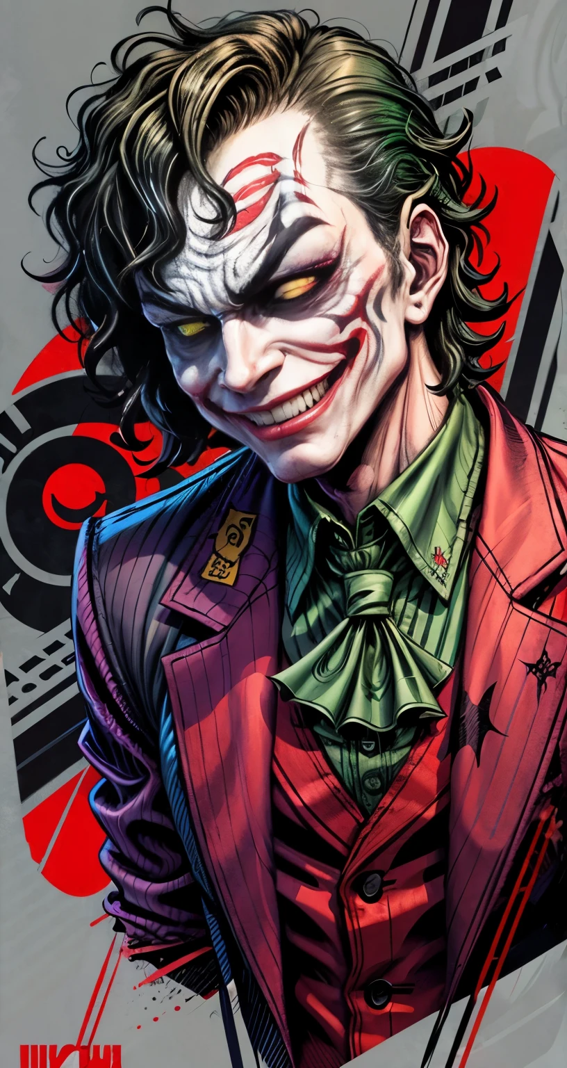 joker in the style of 0mib, illustrator, masterpiece, high quality, 8k, high resolution, high detailed, smile and laugh