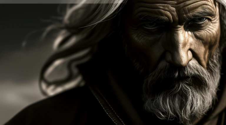Realistic photography, closeup of white old man, dirty enoch biblical character, long gray hair, eye focused, hdr masterpiece, dramatic lighting, epic, hair in the wind, wearing brown tunic, israel city before christ, highly realistic, highly HD, 8k, Full High definition.