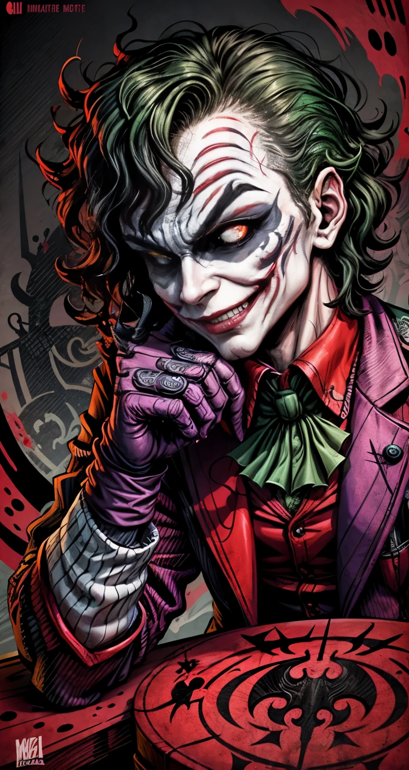 joker in the style of 0mib, illustrator, masterpiece, high quality, 8k, high resolution, high detailed, smile,sit down