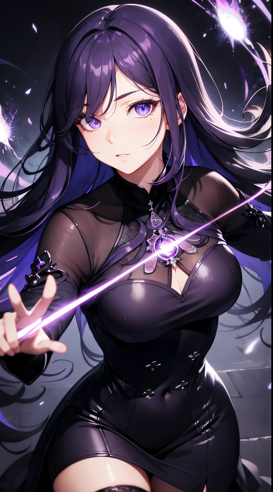 1girls,solo,super detailed skin,shiny skin,wet oily skin,natural face, deep detailed eyes,eyelashes,lips gloss,open mouth,black hair,long hair,crossed bangs,large breasts,fighting stance,black magic,wide shot,moon,masterpiece,best quality,ultra detailed,high resolution,sharp focus,depth of field