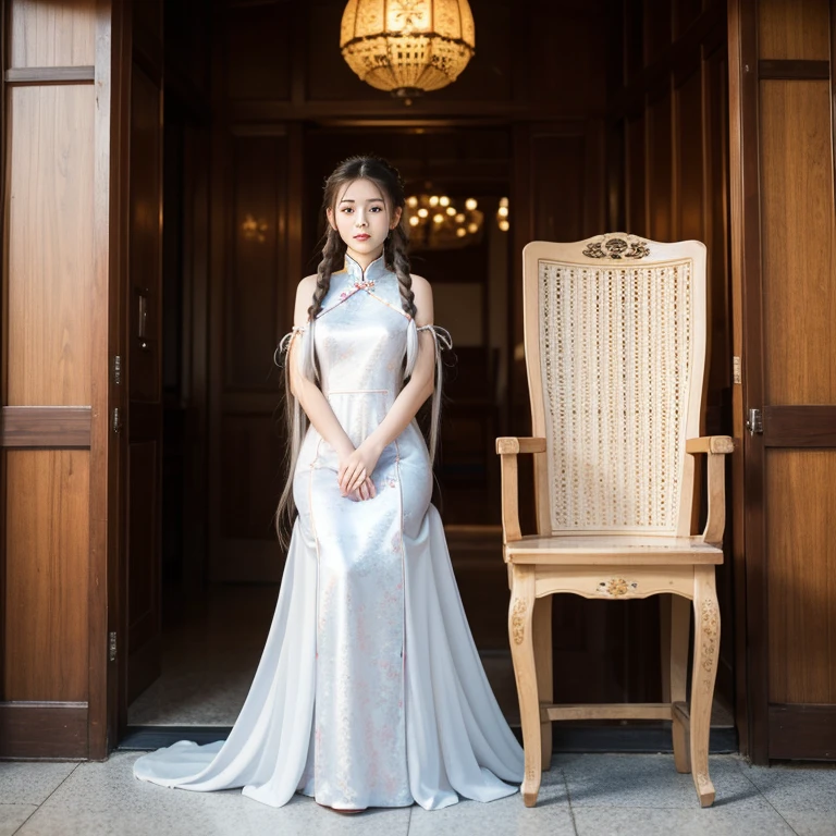 A beautiful 15 years old empress with a slightly mature figure sitting on a chair, her long white hair tied into braids, she's wearing a cheongsam dress that could barely hide her slightly maturedfigure. Full body view