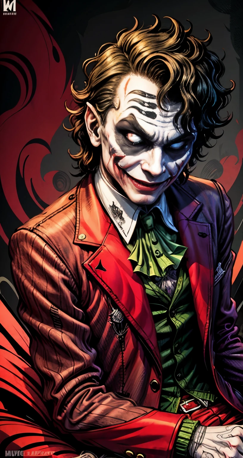 joker in the style of 0mib, illustrator, masterpiece, high quality, 8k, high resolution, high detailed, smile,sit down