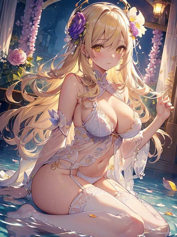 ((top quality)),(ultra high resolution),(Super detailed細),(detailed description),((the most picturesque works of art),super precision art,amazing art of depiction,fantasy art:1.5, ((Beautiful flowers々:1.5)), (Body eroded by flowers:1.3),glamorous body:1.3,fancy background effects、masterpiece、fancy details、(NSFW 1.1), ((1 girl)), ((muste piece)), ((extremely detailed:1.3)), in crystal clear water,beautiful woman entering the lake, ((long yellow hair)), wet hair, Wearing a light transparent dress, Bathing clothed, steam, (Rose petals floating in water:1.3), early morning light, ivory gold AI, windows, crepuscular lighting, 、see-through lace underwear、very huge 、Pink nippl areolae,透けて見 nipples、透明なpink arace and string s、princess carry,Sexy lingerie with lace and strs,See-through sexy lingerie,transparent lingerieanslucent dress、pearlsescent、pearls、sexy harness、sexy garter belt、Sexy Stings、Arrangedtimate, rose gardcolorful roses、lake with floating roses、lying down、Open legs、spread your legs、open thighs、soak in water、wet body、splash of water、gorgeous flower decoration、big flower、stylish hair、the moon, Lantern, night time, solo, water play, The water, hair flower, flower, Outdoors, sky porn, full the moon, Shigure, Lantern, clothesked in water, sky porn, wet hair (((muste piece),(Highly detailed CGty 8K wallpaper),best quality,cinematic lighting,detailed background,beautiful detailed eyes,bright pupils, (very delicate and beautiful),(Beautiful and detailed eye description), Super detailed,muste piece,)),((yellow eyes))