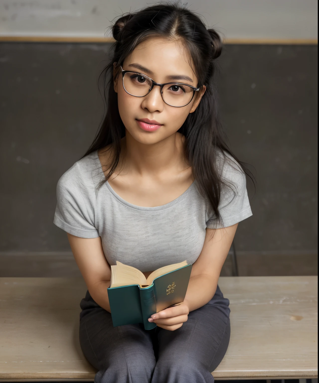 (best quality,8k,highres,masterpiece:1.2),ultra-detailed,realistic, HDR, studio lighting, vivid colors, bokeh, 1 Timor black hair beauty angelar:1.2, light skin, filipino, 35-year old, middle school teacher, wearing very conservative clothes, long pants, wearing glasses, impeccable hair bun, mouth open, strong glance to viewer, ((head tilt left)), realistic skin imperfections, severe expression, holding a book in one hand, sitting in a classroom, blackboard and desk in the background, medium shot, from above, realistic hair texture