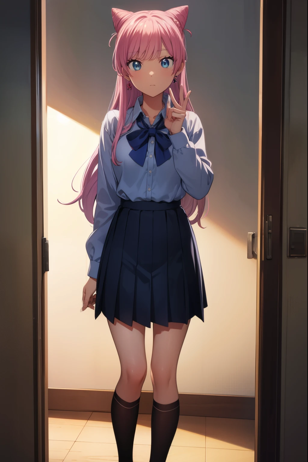 akariwatanabe, akari watanabe, long hair, blue eyes, pink hair, hair bun, double bun, cone hair bun,
BREAK skirt, shirt, bow, jewelry, pleated skirt, earrings, blue skirt, blue shirt,
BREAK looking at viewer, full body,
BREAK indoors, classroom,
BREAK (masterpiece:1.2), best quality, high resolution, unity 8k wallpaper, (illustration:0.8), (beautiful detailed eyes:1.6), extremely detailed face, perfect lighting, extremely detailed CG, (perfect hands, perfect anatomy),