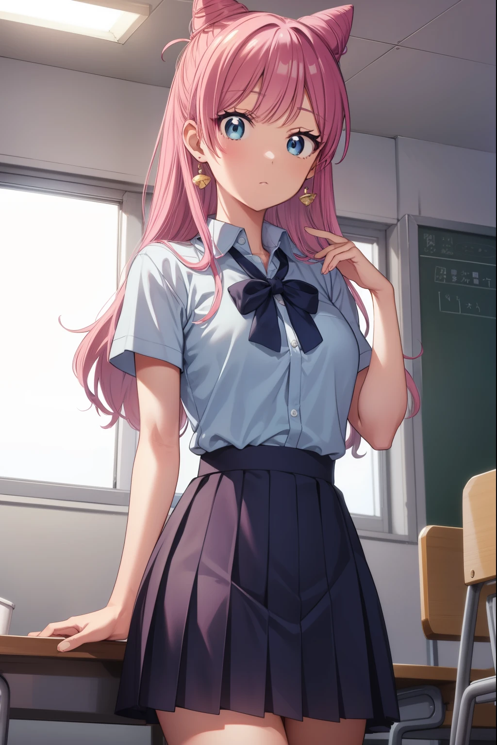 akariwatanabe, akari watanabe, long hair, blue eyes, pink hair, hair bun, double bun, cone hair bun,
BREAK skirt, shirt, bow, jewelry, pleated skirt, earrings, blue skirt, blue shirt,
BREAK looking at viewer, full body,
BREAK indoors, classroom,
BREAK (masterpiece:1.2), best quality, high resolution, unity 8k wallpaper, (illustration:0.8), (beautiful detailed eyes:1.6), extremely detailed face, perfect lighting, extremely detailed CG, (perfect hands, perfect anatomy),