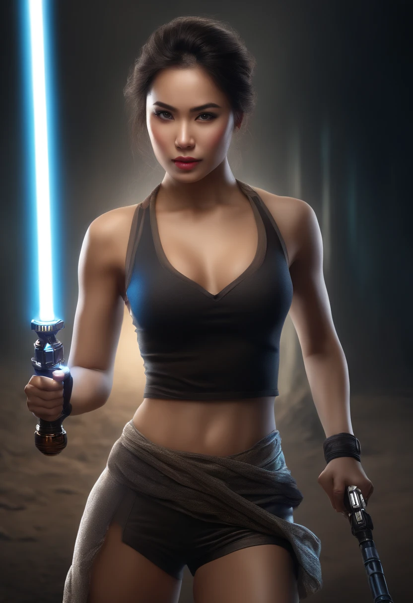 (best quality,4k,8k,highres,masterpiece:1.2),ultra-detailed,(realistic,photorealistic,photo-realistic:1.37),Female Thai lady wearing tank top and tight shorts, beautiful detailed eyes, beautiful detailed lips, extremely detailed face and body, long eyelashes, holding a lightsaber, standing confidently, vibrant colors, high contrast lighting, digital painting, sci-fi, female empowerment, dynamic pose, fierce expression, glowing lightsaber, energetic atmosphere, dark background, professional artwork, intense action, dramatic shadows, strong and determined appearance, athletic physique, futuristic setting.