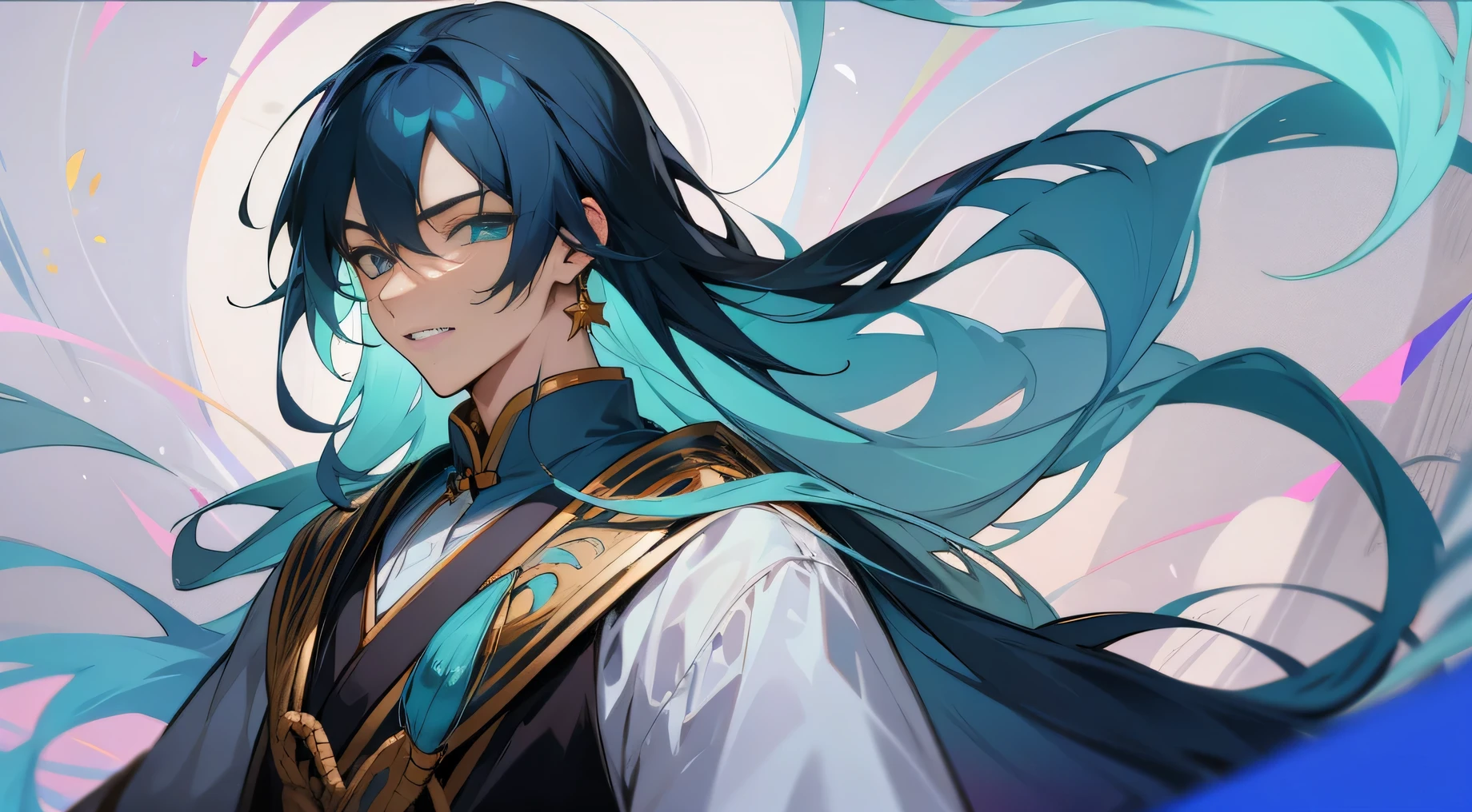斗罗Tang San,Crooked grin,grace,light blue long hair,Aqua blue long hair,tall male,handsome boy,tall young man,Two dimensions,Chinese style,Tang San,
