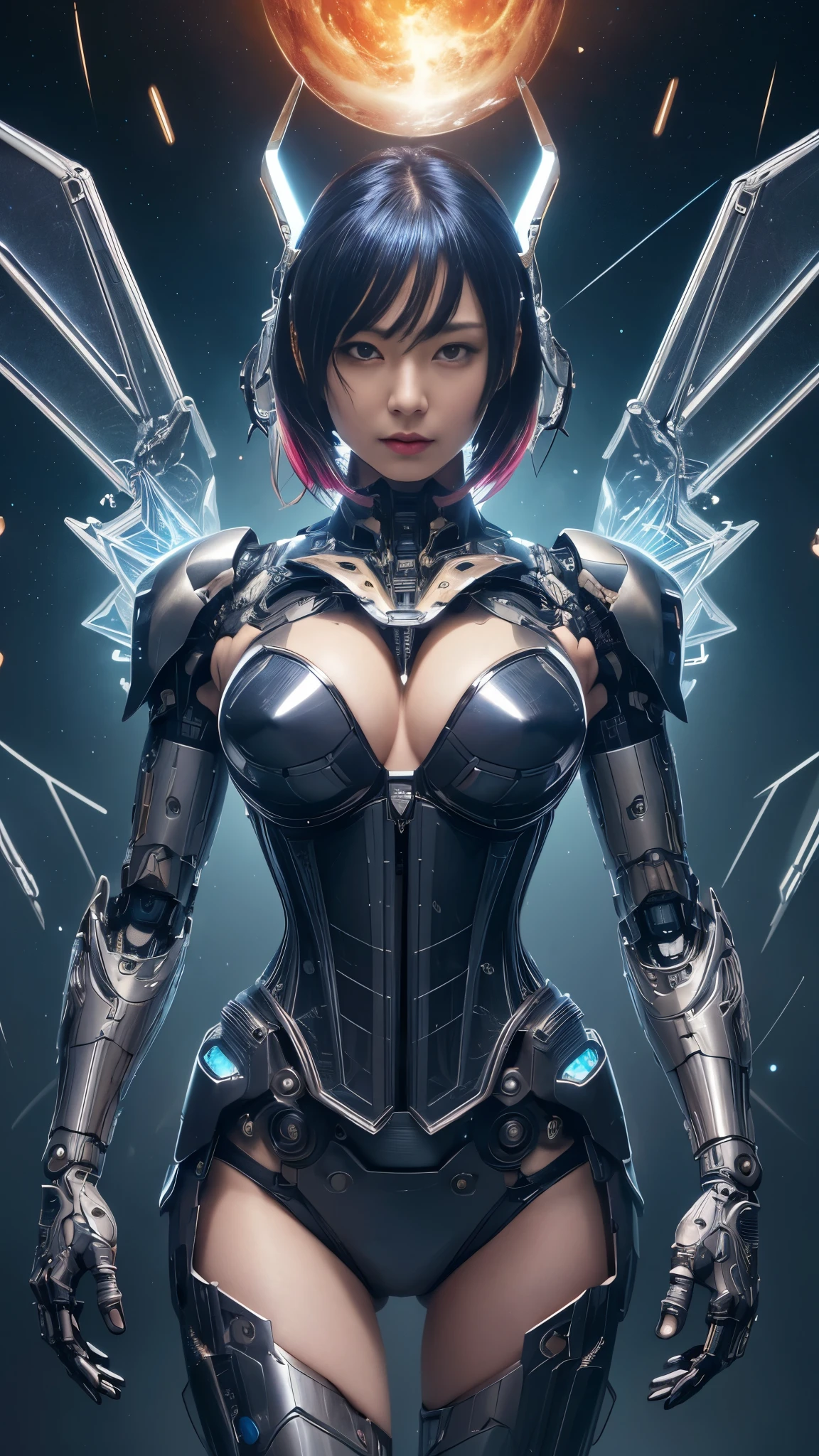 masterpiece,best quality,Super detailed,very detailed illustrations,very detailed,intricate details,High resolution,超intricate details,very detailed 8k cg wallpaper,cowboy shot, caustics,reflection,ray trace, Devil theme,nebulas,Dark aura,cyber effect, alone ,alone, Mecha musume,Mechanical parts, Robot joints,Single mechanical arm, bite into, Mechanical halo,Star Halo,intricate mechanical bodysuit, mecha corset, full armor,hair between eyes, colorful hair, colored inner hair, Red-eye Random Representation,Random actions, ancient japanese architecture,Go, starry sky,sky line, (girl:1.4)、Dynamic Angles、dynamic pose、cleavage、large wings