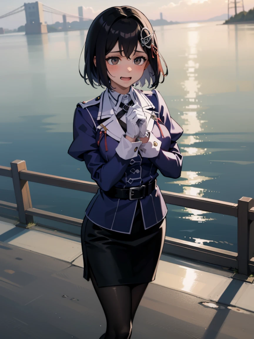 haguro \(kancolle\), short hair, black hair, brown eyes, hair ornament, Outfit : military uniform, purple jacket, black necktie, white gloves, black belt, black skirt, miniskirt, pencil skirt, white pantyhose, grey footwear, high heels,
BREAK
smile, bashful, nose blush, (heart hands, own hands together:1)
BREAK
Masterpiece, best quality, high resolution, 8K, official art, ultra-detailed, super resolution, extremely detailed and beautiful, extremely detailed, amazing and detailed, highly detailed beautiful girl, highly detailed face, highly detailed eyes, highly detailed skin, highly detailed fingers, highly detailed nose, very detailed mouth, perfect anatomy 
BREAK
Full body shot, contraposto, on the sea, on the water, bright, scenery, extremely detailed CG unity 16k, very fine 16KCG wallpapers