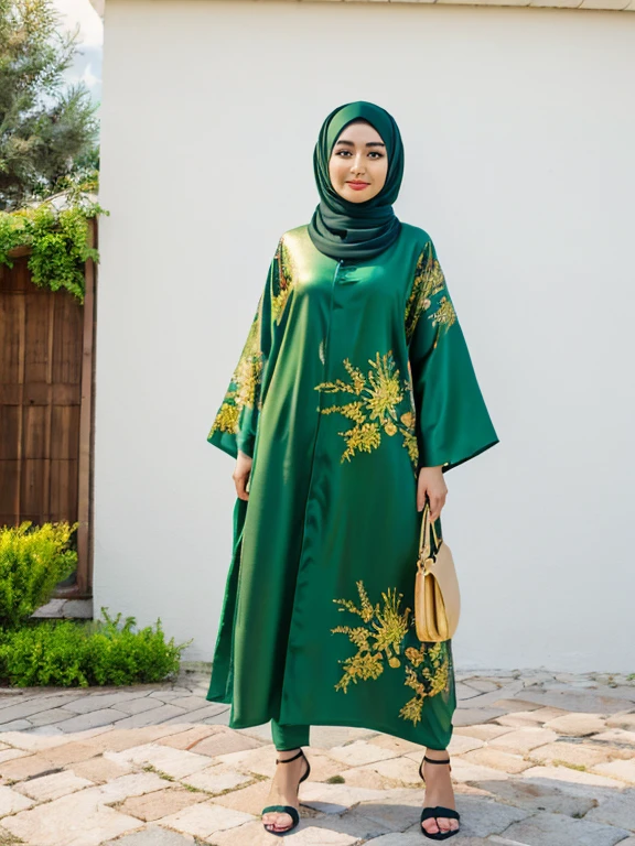 3d effect elegant hijabis woman, standing in a poised posture, wearing beautiful pine green abaya, alcohol ink effect , full body, swirl around the body, creating a sense of movement. serene expression, fluid material of the dress, sophisticated grace, golden shiny boundary around the alcohol ink effect, surrounded by splashes same tone, purple, and lime green flowers.