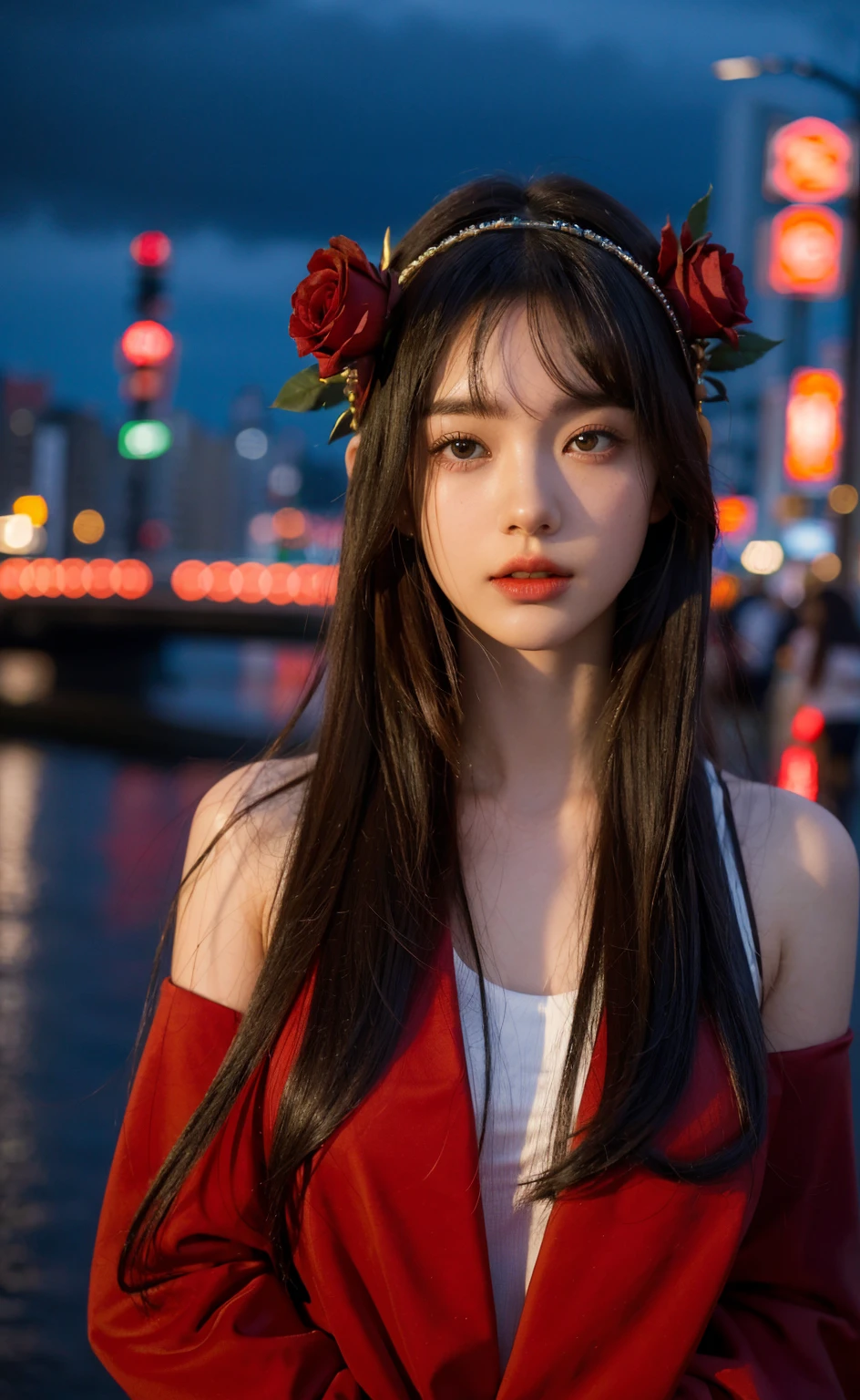 1girl, Tokyo Street, Night, Cityscape, City Lights, Upper Body, Close Up, 8k, RAW Photo, Best Quality, Masterpiece, Realism, Realism, Red Rose Headdress, Split Bangs, Long Hair, ((modern outfit))