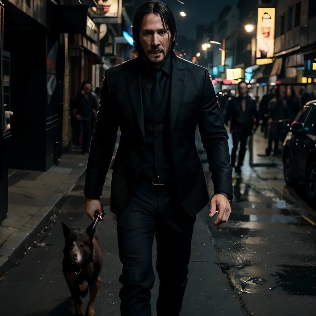 Make john wick a gaming 2d character , hyper realistic , black suit, his dog, realistic lighting, make the background more gaming related, game like realism, wide ratio, holding a gun will running 