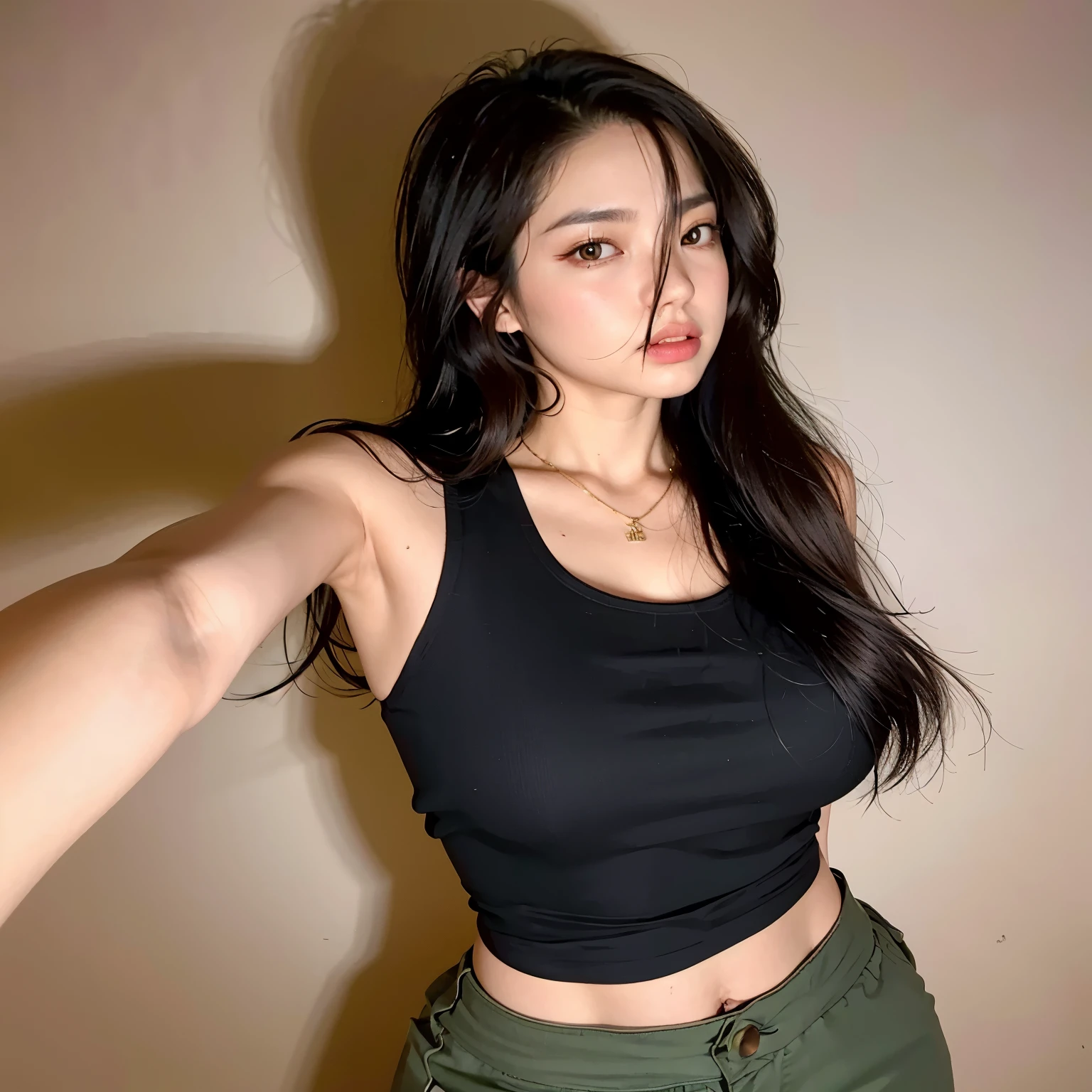 Blackpink's Jennie arafed in a black top and green pants posing for a photo, she is wearing a black tank top, linda jovem coreana, linda mulher sul-coreana, 2 modelo feminino de 4 anos, ela tem cerca de 20 anos, ela tem cerca de 2 0 anos, Xisionwu, coreana, 22 anos de idade, 21 anos de idade