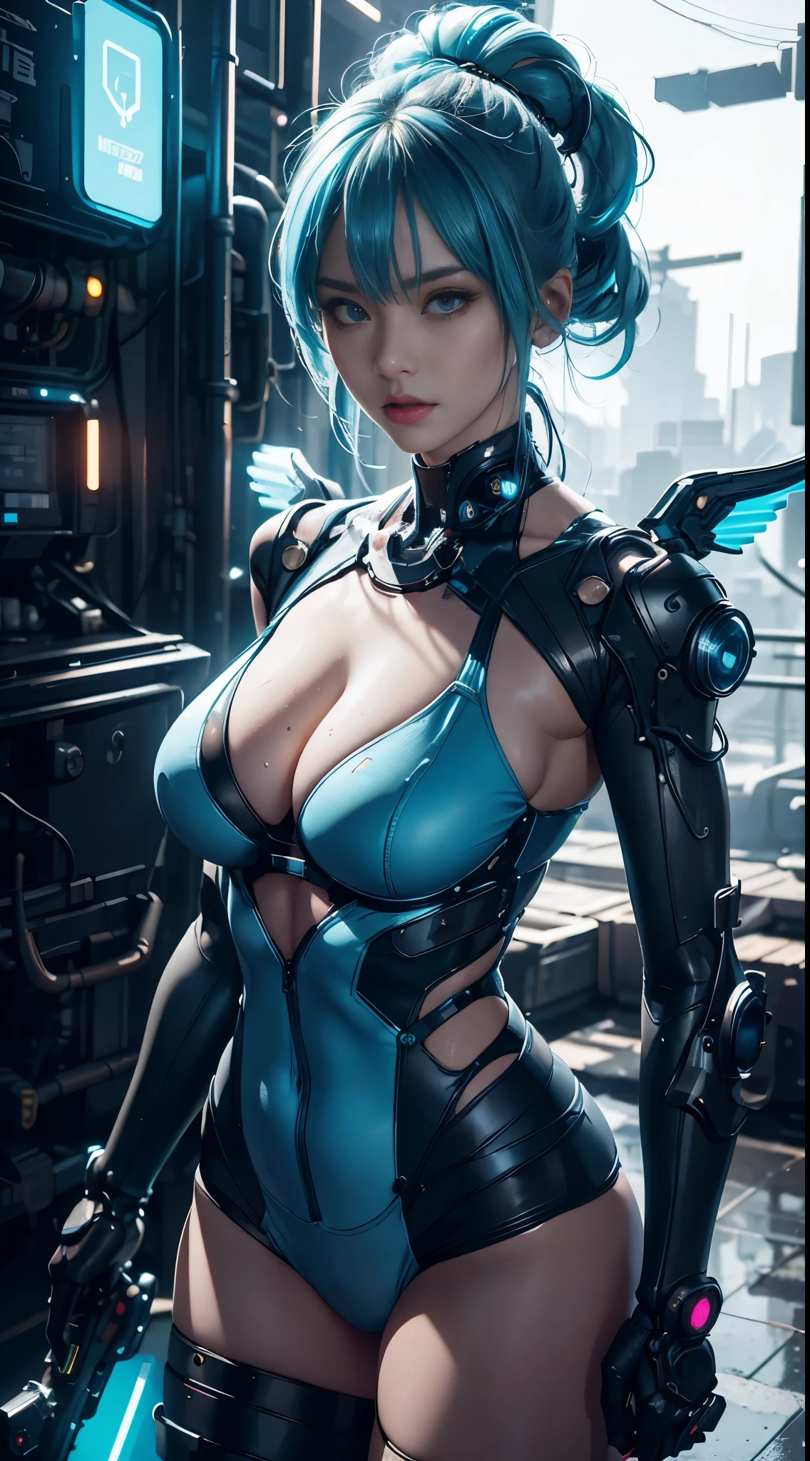 bikini of ,Girl in a swimsuit,dress up sexy,future techwear,Mechanical prosthesis,Mechanical skeleton, natta, ruined cyberpunk city, Neon Billboard, Better image quality, Maximum clarity and clarity, Ultra-realistic realism, high detal, Affofualism,contrasts of light and shadow, cinmatic lighting, 光线追踪, reflective light, denim len/4.0 ,Big with blue hair,neon light , Retro-futuristic mechanic suit ,muscle woman ,Wings,hair illuminated by blue light neon,Featured big breasts,blue neon suit,Swin Suit , Bikini Big Tits